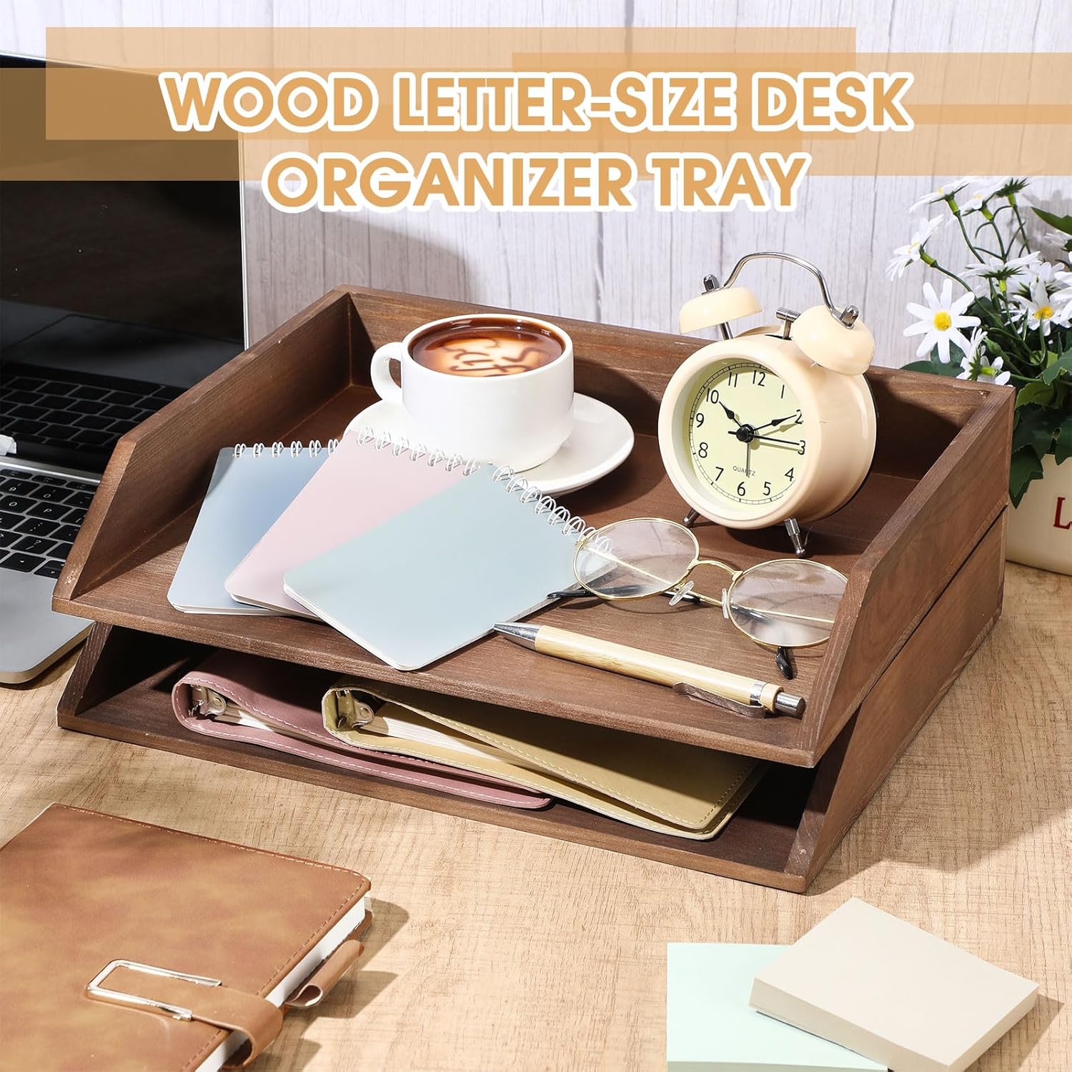 2 Pcs Wooden Letter Tray Wood Letter-Size Desk Organizer Heavy Duty 2 Tier Stackable Support Paper Tray Desktop Drawer File Folder Magazine Office Accessories Back to School(Dark Wood)