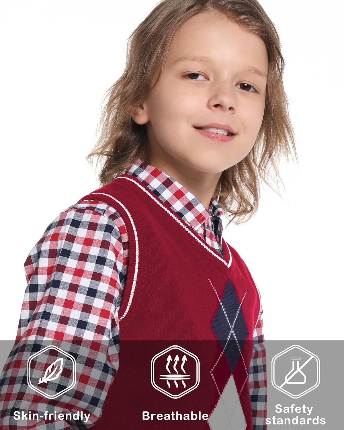 BOBOYOYO Boys Argyle Sweater Vest 100% Cotton V-Neck Vest Kids Uniform Sleeveless Sweaters for Children 5-12Y - Image 4