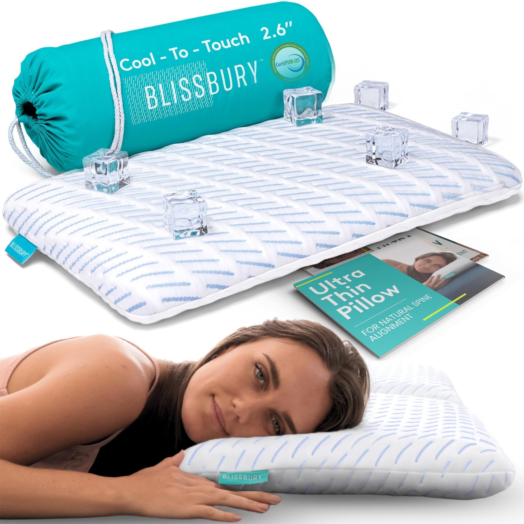 BLISSBURY 2.6 Inch Cooling Ultra Thin Pillow for Sleeping | Flat Pillow for Stomach Sleeper & Back Sleeper | Cooling Memory Foam Stomach Sleeping Pillow | Removable Cool-Tech Pillow Case