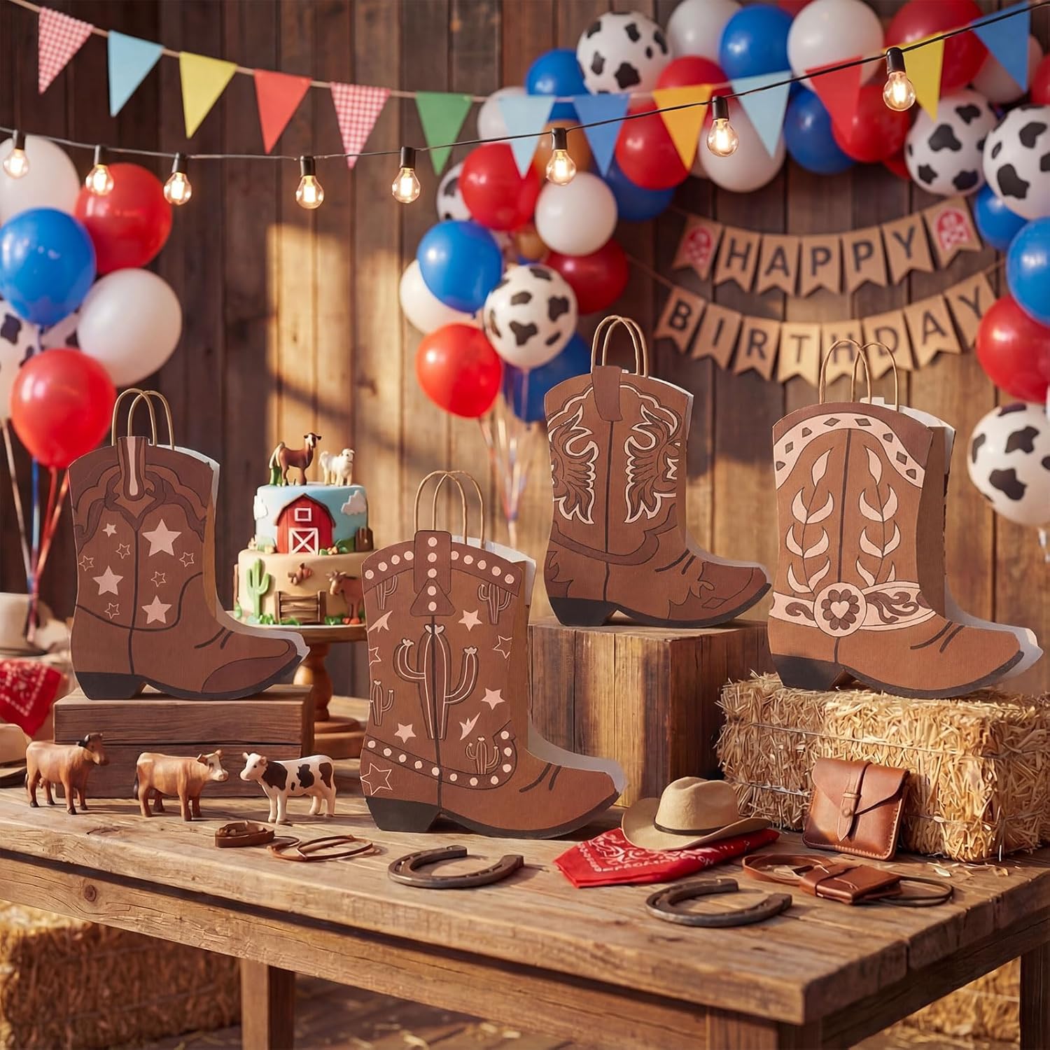 Tioncy 24 Pcs Cowboy Cowgirl Boots Paper Bags Western Theme Party Decorations Wild West Kraft Gift Bags with Handle Rodeo Boot Goodie Bag for Bachelorette Last Rodeo (Classic Style,Brown)