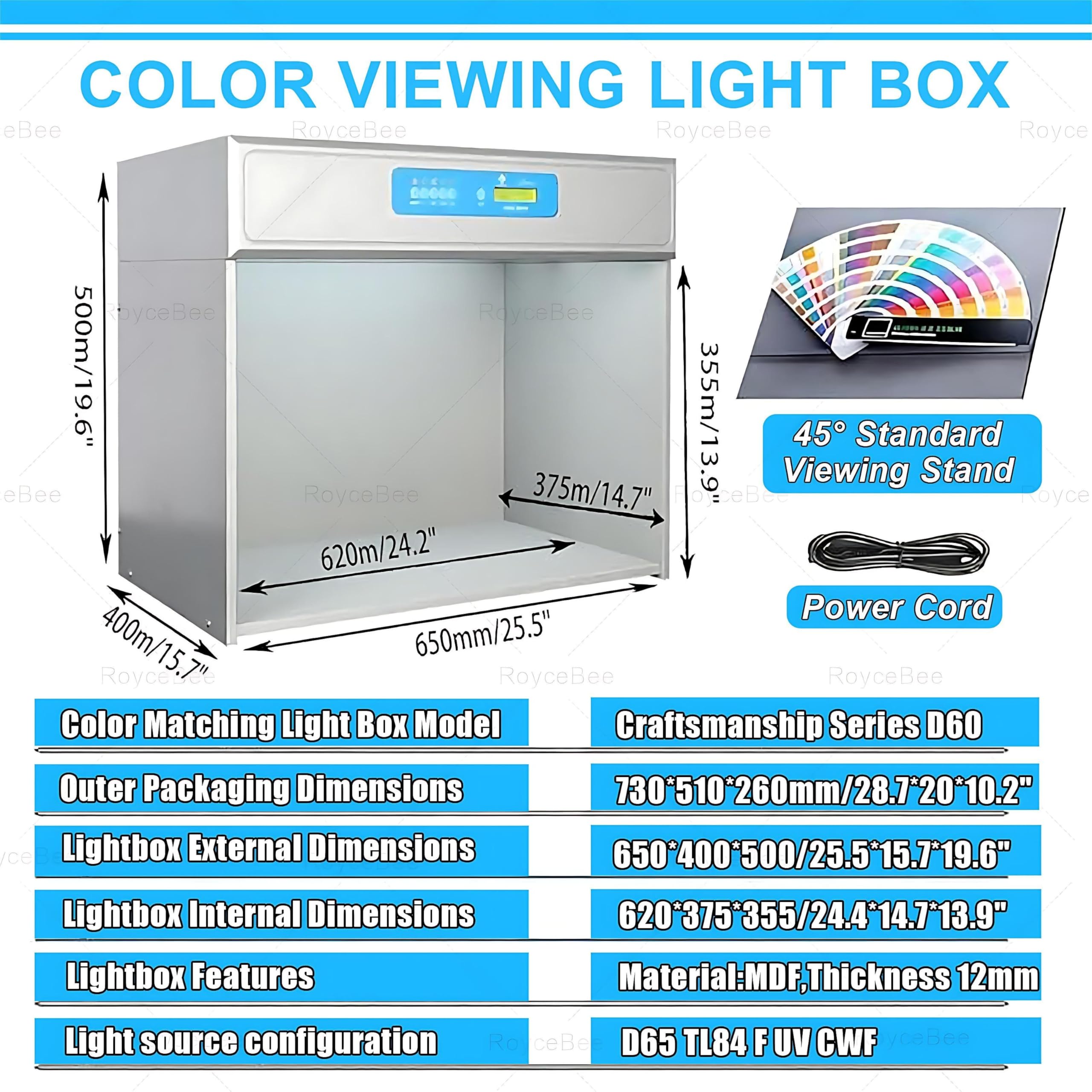 Cabine D'Observation ColoriméTrique Professionnelle avec 6 Sources Lumineuses (D65, Tl84, F/A, UV, Cwf, U30) pour L'Industrie Textile, CéRamique, Cuir, Plasturgie et Impression