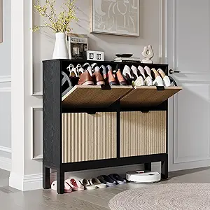 GAOMON Shoe Cabinet with 4 Flip Drawers, Entryway Cabinet with Adjustable Shelves, Accommodate 16 to 20 Pair of Shoes, Space-Saving Slim Shoe Cabinet for Entryway, Hallway, Front Door, Black Oak
