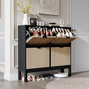 GAOMON Shoe Cabinet with 4 Flip Drawers, Entryway Cabinet with Adjustable Shelves, Accommodate 16 to 20 Pair of Shoes, Space-Saving Slim Shoe Cabinet for Entryway, Hallway, Front Door, Black Oak