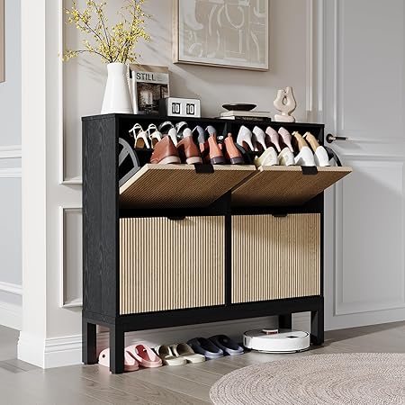 GAOMON Shoe Cabinet with 4 Flip Drawers, Entryway Cabinet with Adjustable Shelves, Accommodate 16 to 20 Pair of Shoes, Space-Saving Slim Shoe Cabinet for Entryway, Hallway, Front Door, Black Oak
