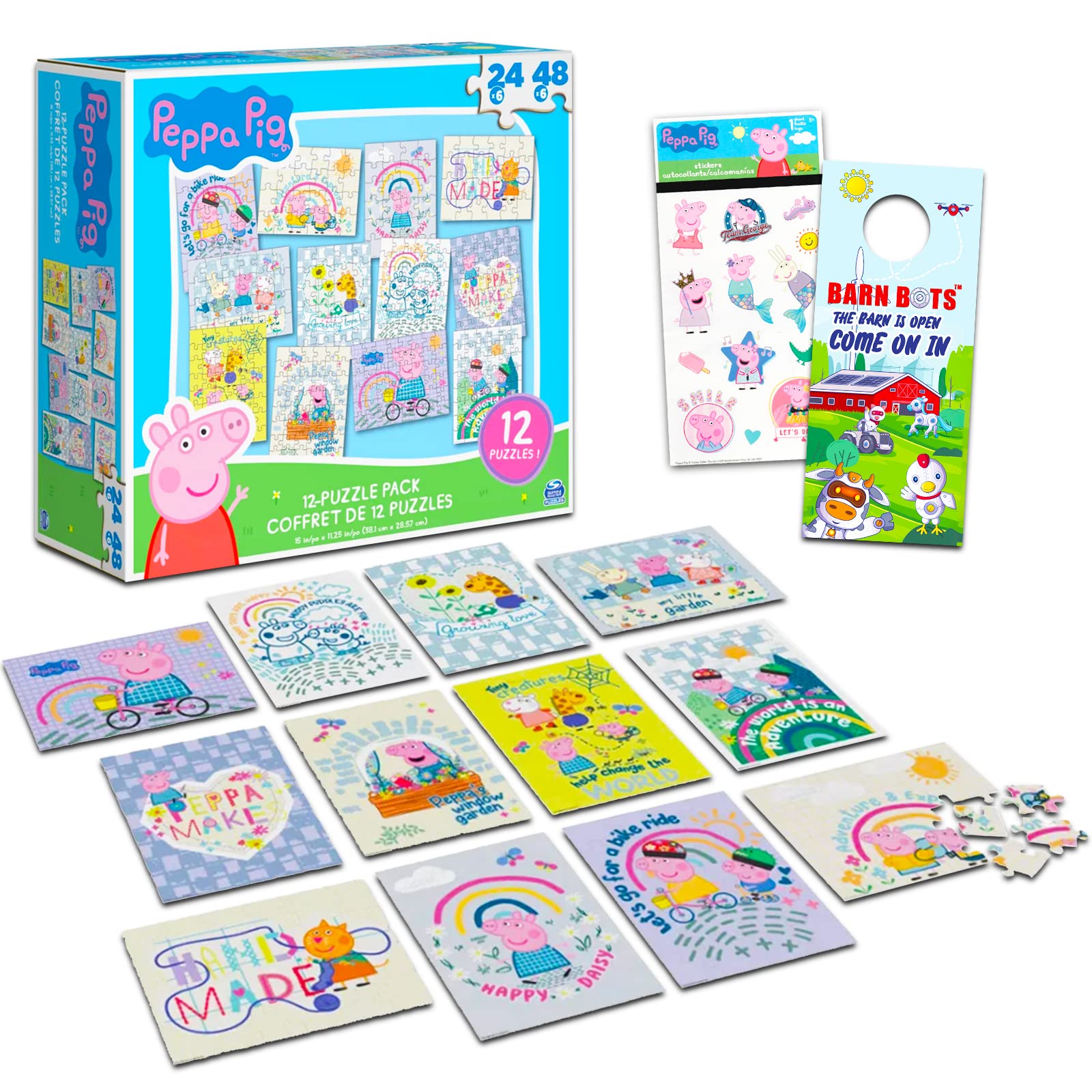 Peppa PigJigsaw Puzzle 12 Pack for Kids - 48 Pc Bundle with Peppa Pig Puzzles for Kids Ages 4-8, Peppa Pig Stickers, More | Peppa Pig Jigsaw Puzzle for Girls, Boys