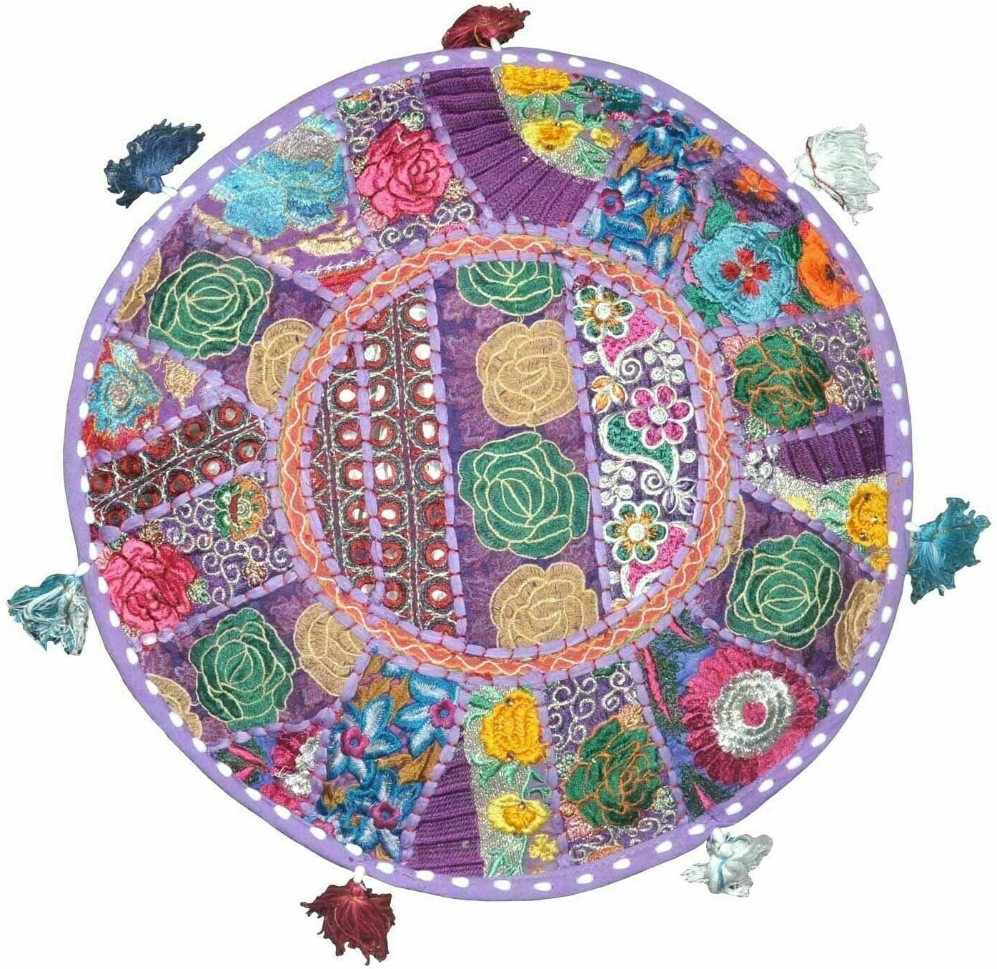 Indian Patchwork Round Ottoman Pouf Cover Vintage Moroccan Footstool Pouffe (22 x 22 x 14 Inch)