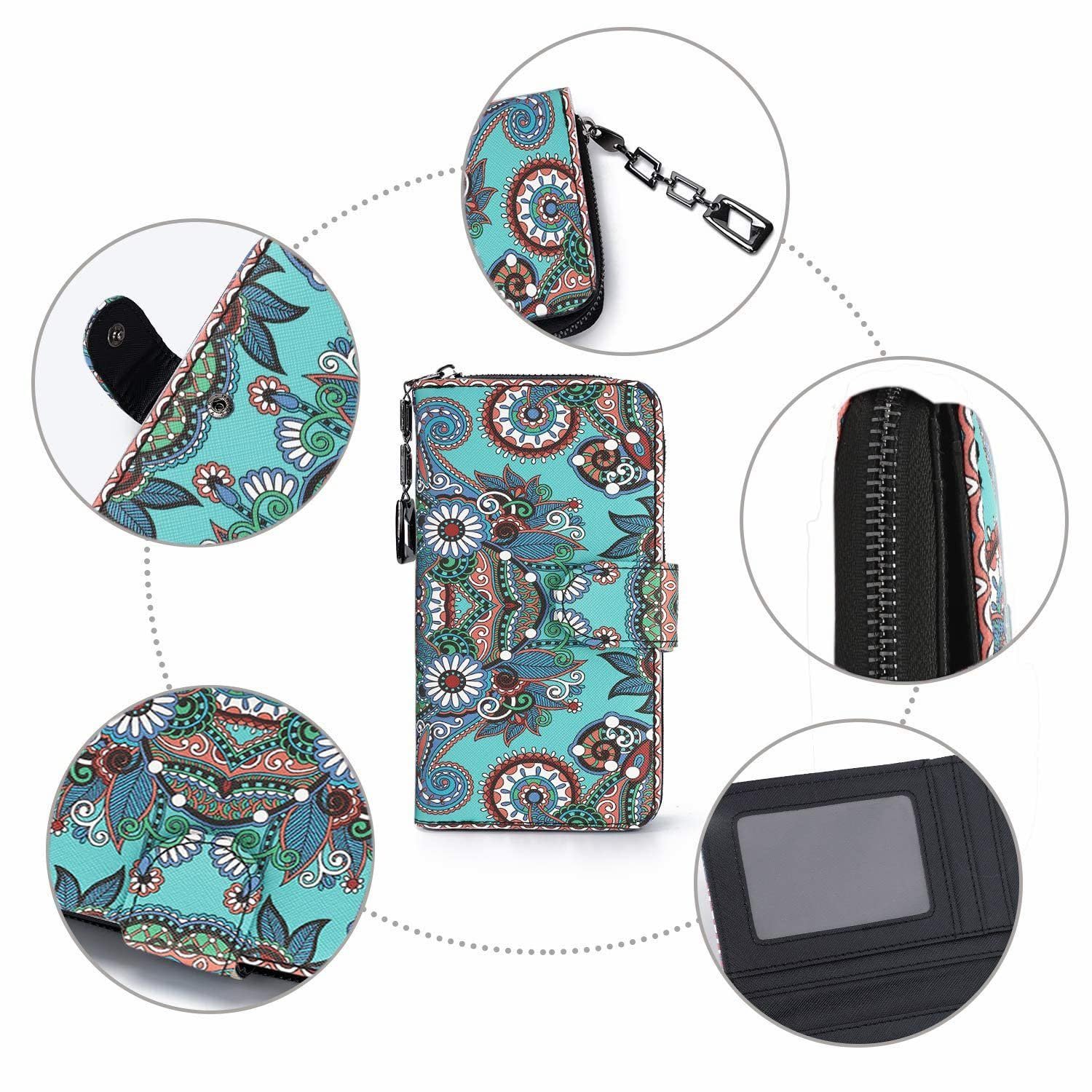Portafoglio Donna Cerniera Piccolo Portamonete Con Motivi Floreali e Floreali In Stile Mandala ed Etnico, Portafogli Con Cerniera e Bottone Automatico e Numerosi Scomparti Borsellino