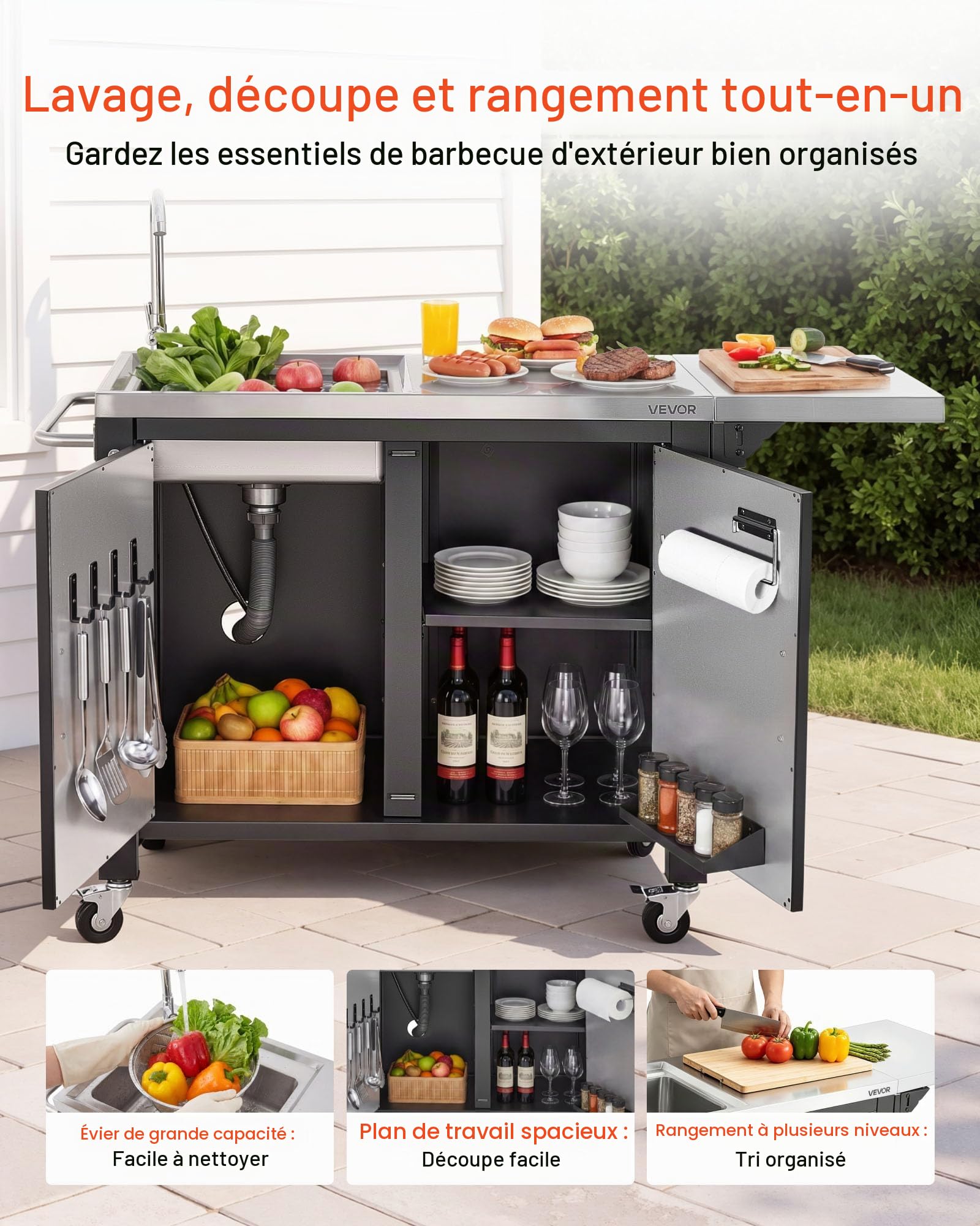 VEVOR Desserte Plancha 132 cm Chariot de Barbecue avec Évier et Placard, pour Jardin Terrasse Cuisine en Plein air, Plan de Travail Mobile pour Extérieur Plateau en INOX, Table de BBQ avec Extension