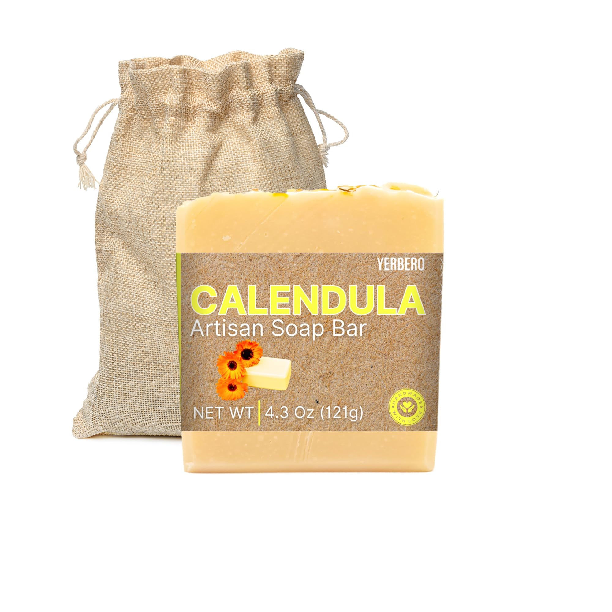 Natural Handcrafted Soap Bar 4.3oz (121g) | Jabon Artesanal | Cruelty & Gluten Free Soap With Pure Essential Oils and Natural Ingredients, Gentle Body & Facial Soap. (Calendula)