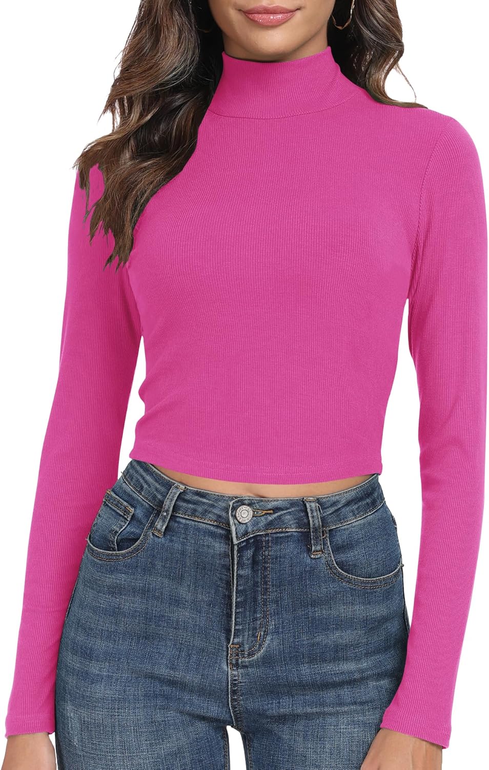 Artfish Women's Basic Mock Neck Slim Fitted Workout Rib Knit Long Sleeve Crop Top Large Hot Pink