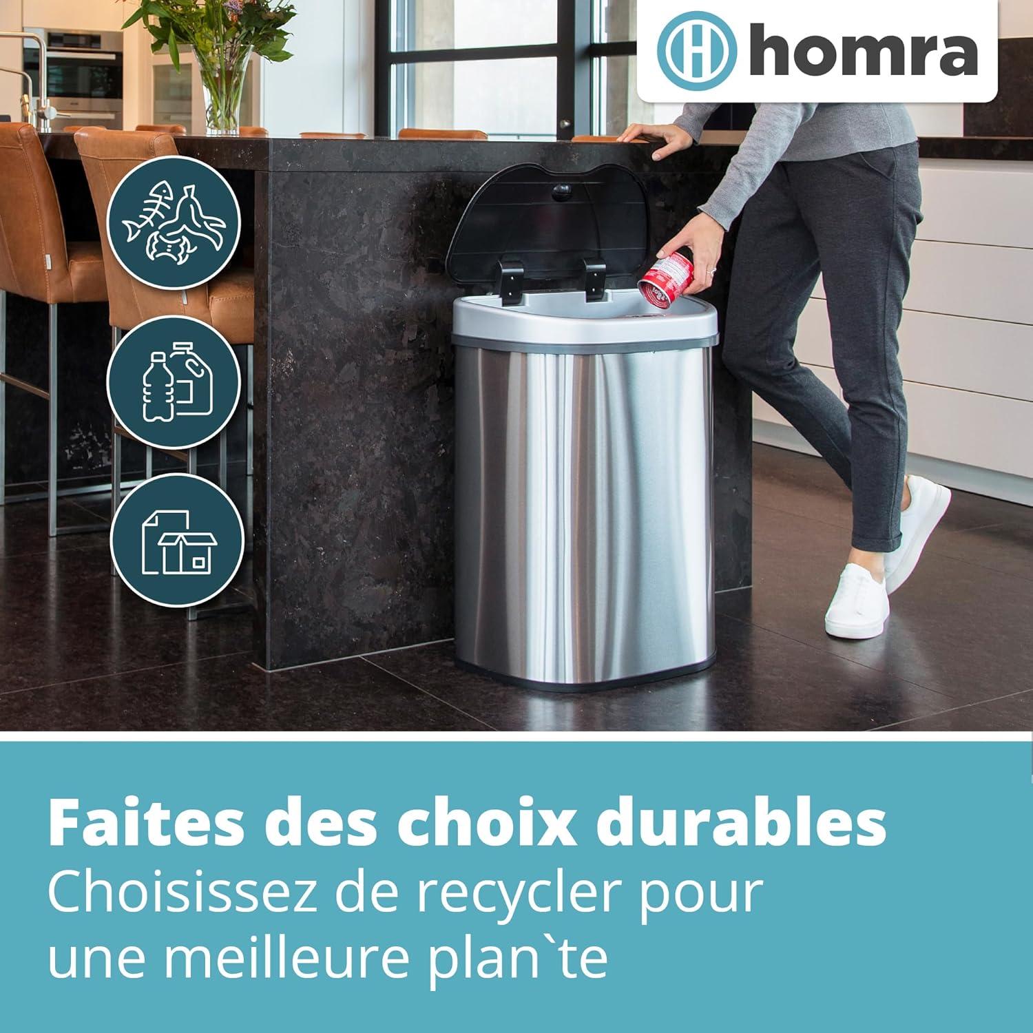 Homra Qubix bin used for recycling, showing icons for organic, plastic, and general waste
