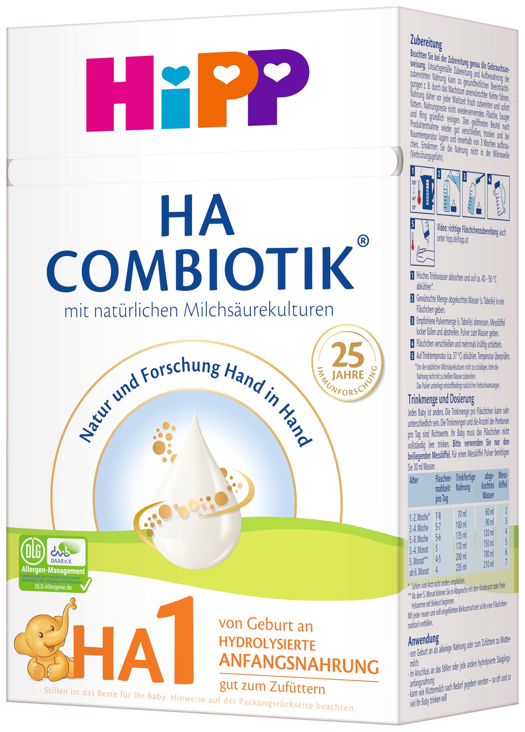 HiPP HA 1 Combiotik (4 x 600g), hydrolysierte Anfangsmilch von Geburt an, mit natürlichen Milchsäurekulturen, für sensible Immunsysteme