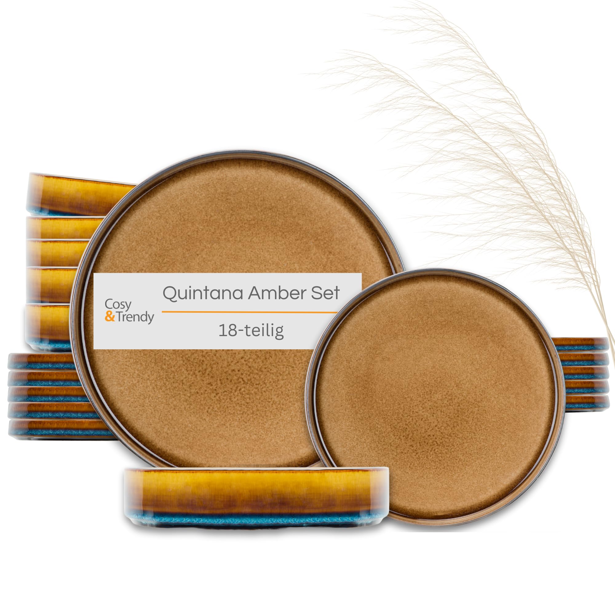 Cosy & Trendy Quintana Amber - Set di stoviglie da 18 pezzi, 6 piatti piani, 6 piatti da dessert, 6 piatti fondi