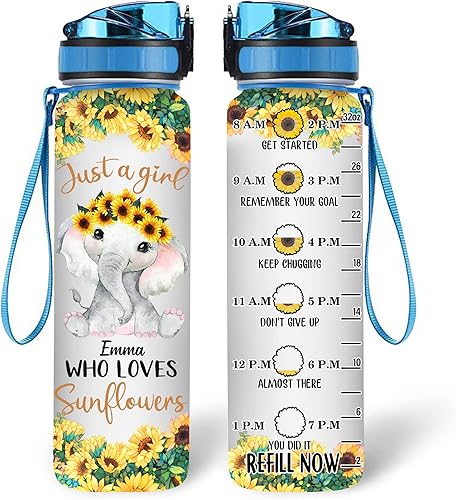 TheSunCozy - Botella de agua motivacional personalizada con texto en inglés "Just A Girl Who Loves Sunflowers", diseño de elefante, 32 onzas, 1