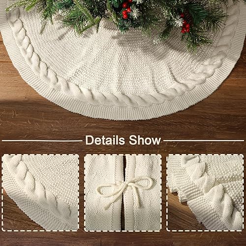 Miniatura 3 de Falda de árbol de Navidad de 48 pulgadas: falda de árbol de punto trenzado para árbol de 7.5 pies, falda de árbol blanco crema, faldas de árbol