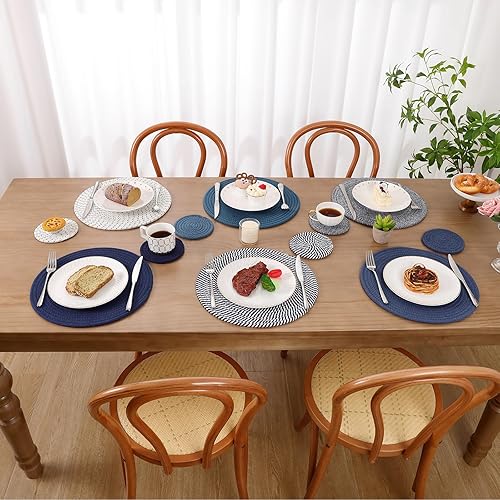 Miniatura 6 de SHACOS Juego de 6 manteles individuales redondos tejidos de cuerda de algodón con posavasos, manteles individuales para mesa de cocina de 13