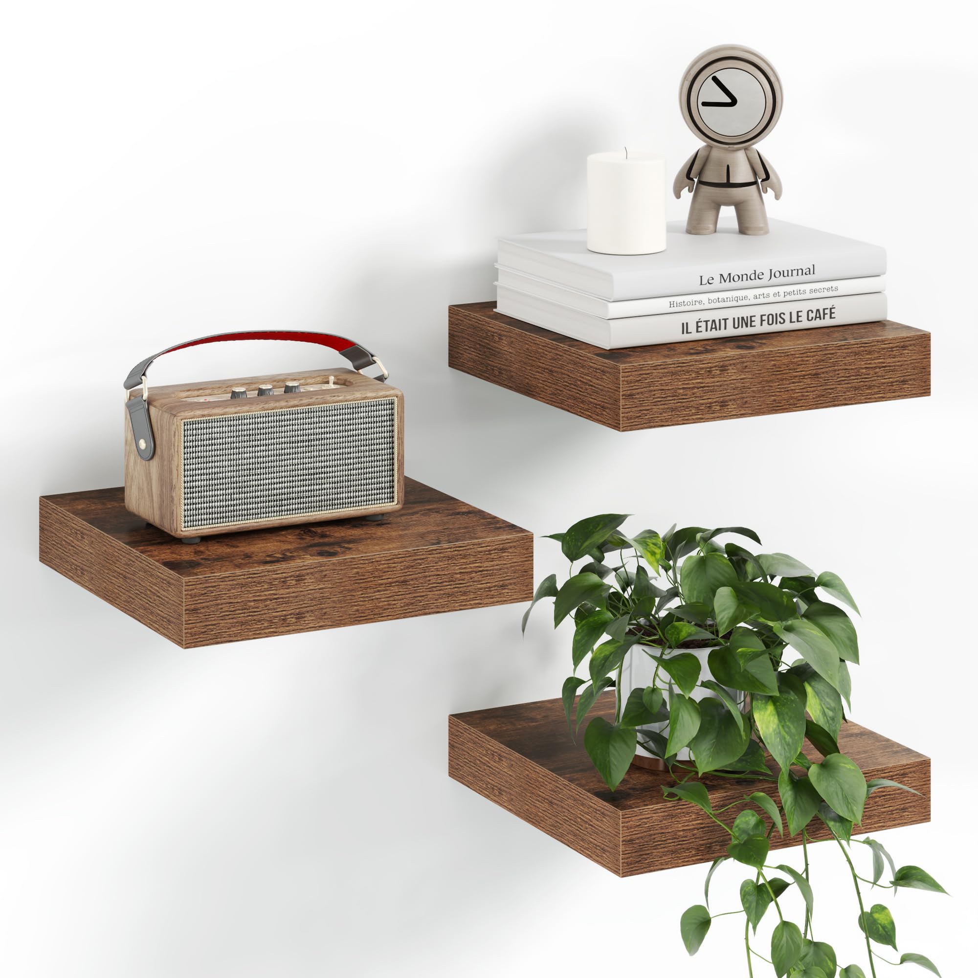 Fun Memories Small Floating Shelves for Wall - 8 Inch Square Wall Shelves with Invisible Brackets, Brown Shelves for Bathroom, Living Room, Bedroom, and Kitchen Decor, Set of 3