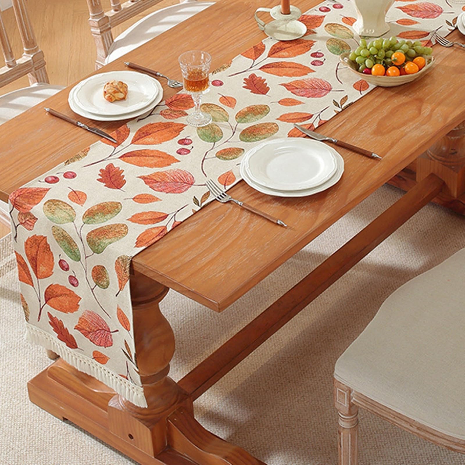 Chemin de Table Champetre 35x270cm, Chemin de Table Mariage Effet Lin avec Motif de Feuilles d'automne