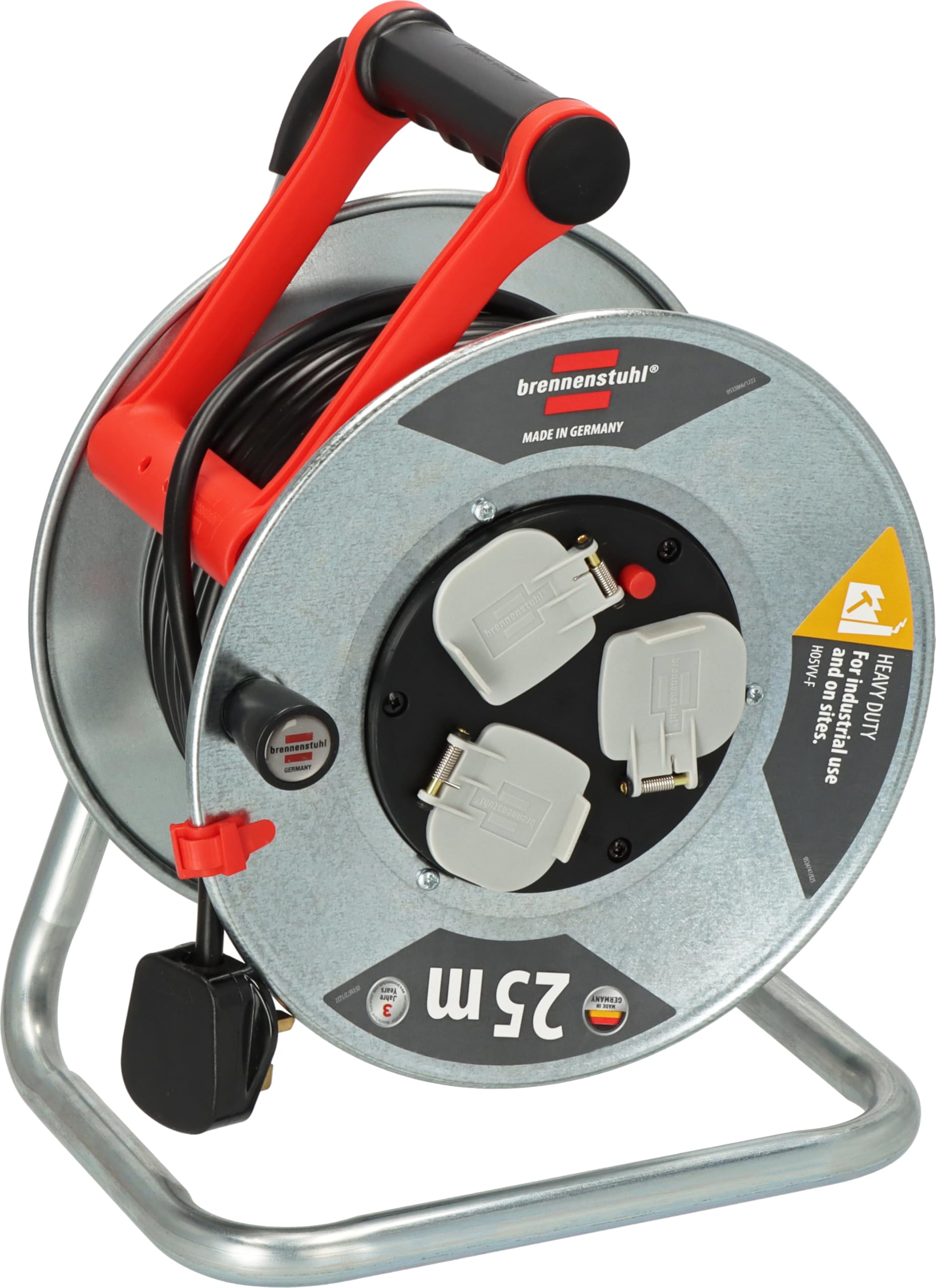 Brennenstuhl Garant Kabeltrommel 25m (Made in Germany, Verlängerungskabel mit 3 Steckdosen und Thermoausschaltschutz, rostfreier Stahltrommelkörper, ergonomischer Griff)