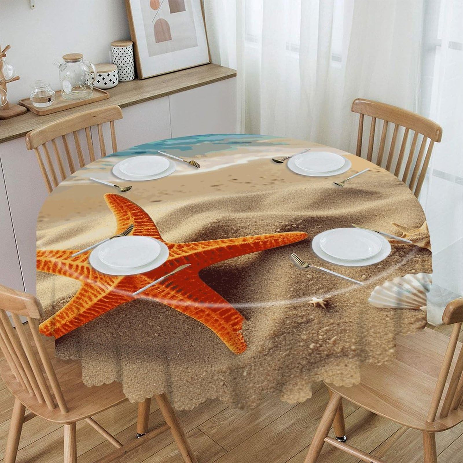 FekiLoot Sea Beach Starfish Round Tablecloths 60 Inch Resistant Washable Polyester Table Cloth Style Decorative Circle Fabric Table Cover for Dining Kitchen Party Farmhouse Outdoor