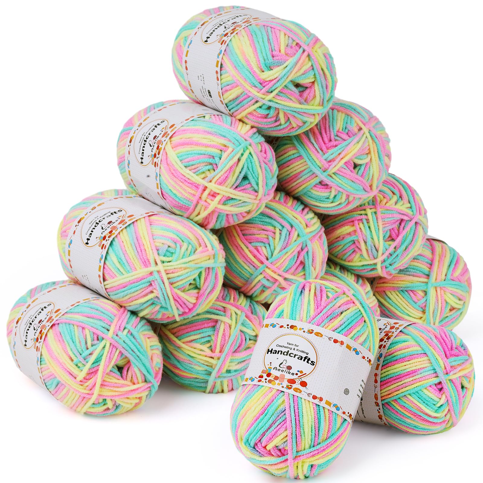 Aeelike Ombre Yarn Set 600g, 12 x 50g 5Ply Milk Cotton Soft Acrylic Yarn for Crochet Amigurumi, Gradient Yarn Knitting Wool for Baby Blanket, Clothes, Socks & Scarf, Ombre Pink Green Yellow Mix Colour โ image 1