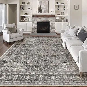8x10 Washable Black Grey Vintage Area Rug for Living Room Bedroom Large Traditional Low Pile Carpet Non-Slip Retro Distressed Accent Vacuumable Throw Rug for Dining Room Indoor
