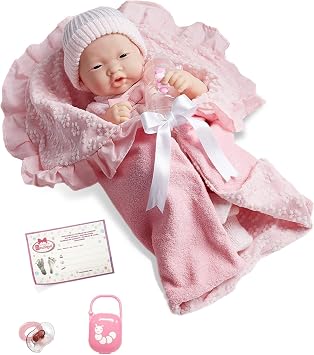 15.5" Realistic Soft Body La Newborn Doll | Asian | JC Toys - Berenguer Boutique | 8 Piece Gift Set with Bottle, Pacifier & Accessories | Pink | Ages 2+