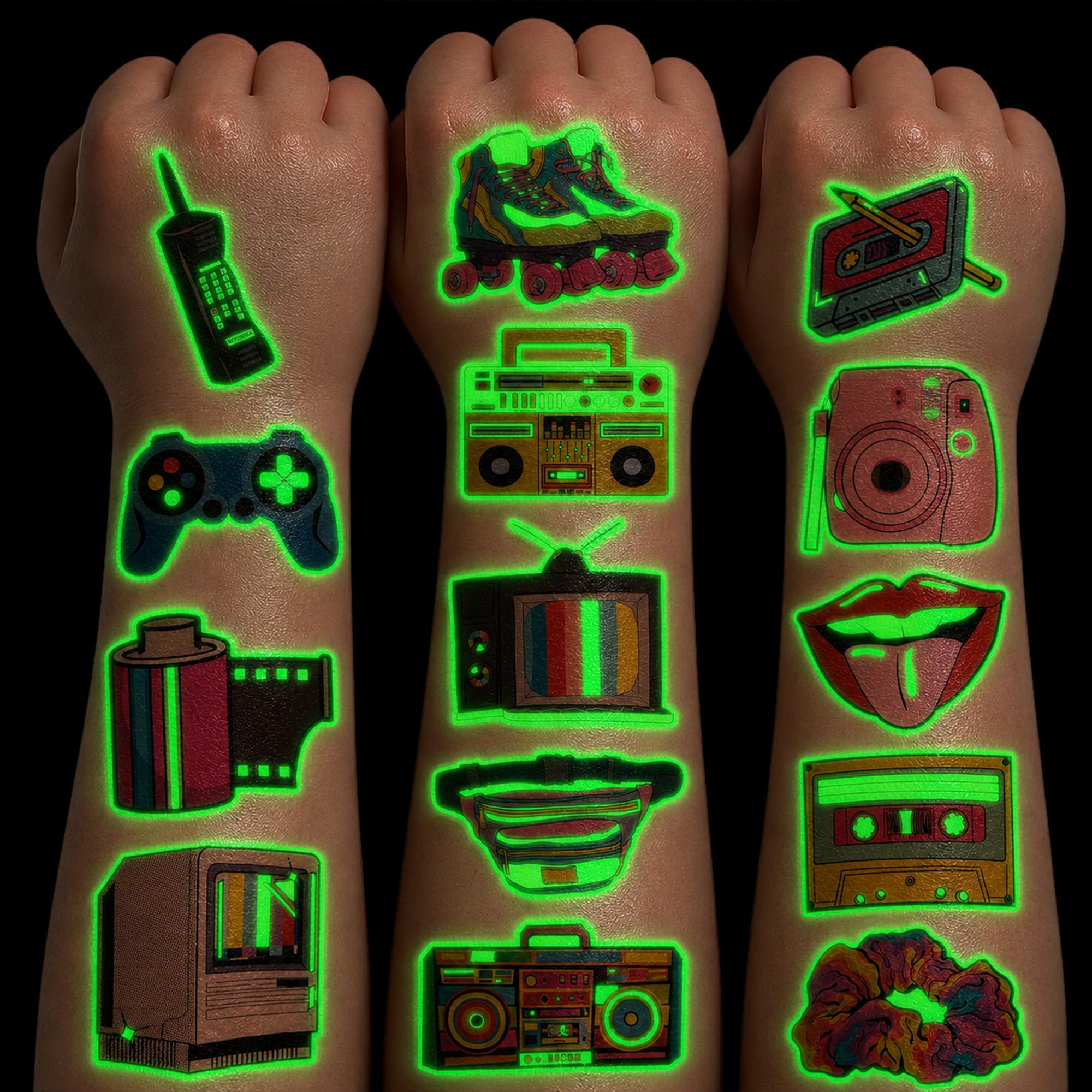 96 PCS Back to the 90s 80s Pre-Cut Luminous Temporary Tattoos Glowing