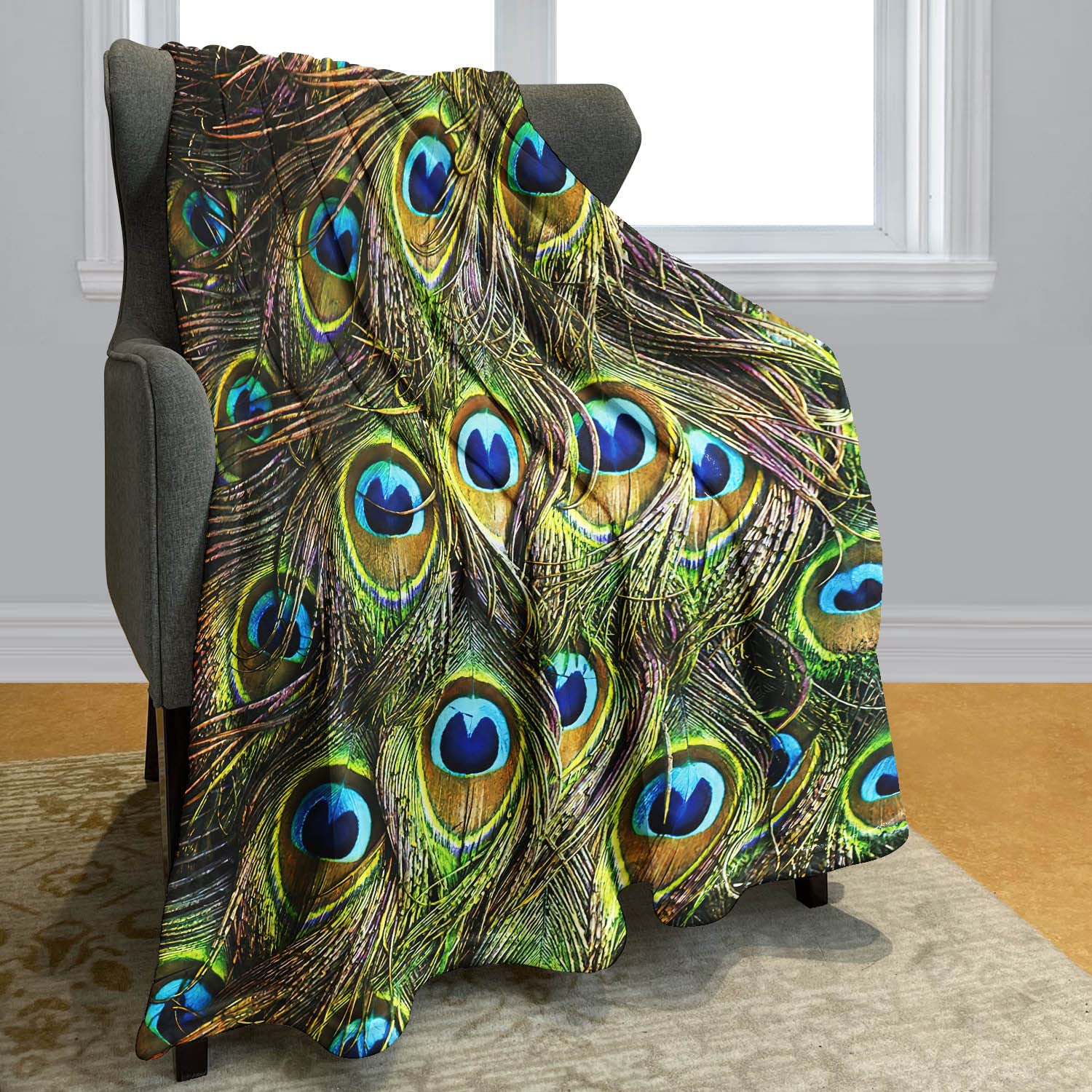60" x 80" Blanket Comfort Warmth Soft Cozy Air Conditioning Easy Care Machine Wash Green Peacock Feathers