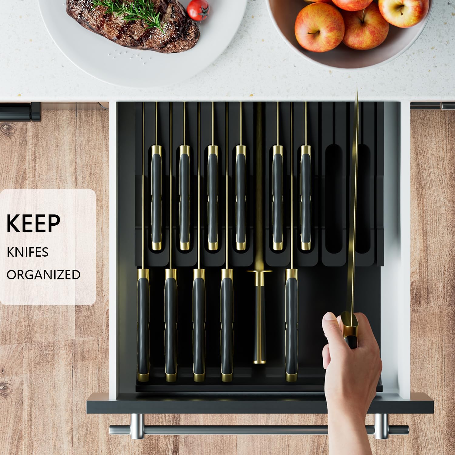 Domax Bamboo In-drawer Knife Block - Kitchen Knife Drawer Organizer Insert, Knife Holder without Knives Large, Drawer Knife Organizer Fits for 16 knives and 1 Sharpening Steel (Not Included), Black - Image 4