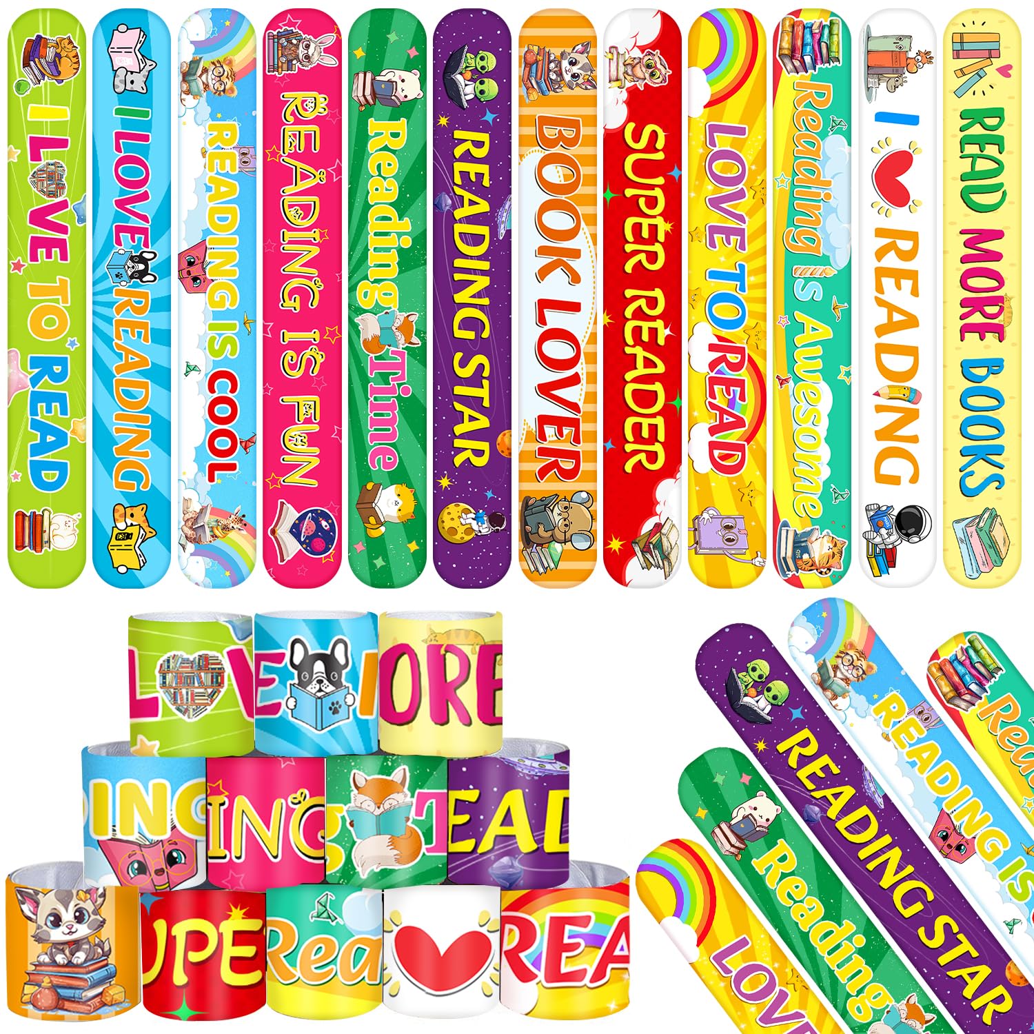 48 Pcs Reading Book Love to Read Slap Bracelets Party Favors, Book Wristbands Bracelets Goodie Bag Fillers for Reading Book Birthday Party Decorations Supplies for Kids Classroom Rewards