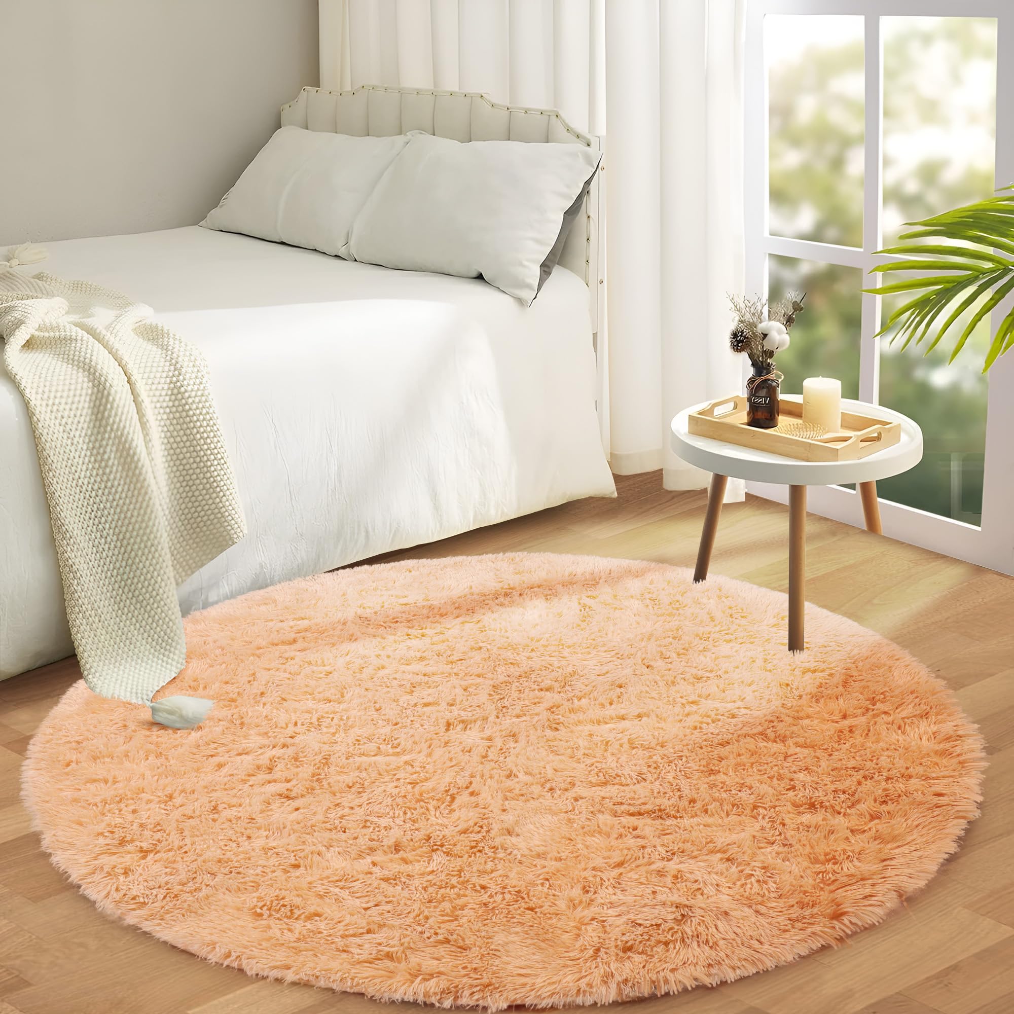 Aspire Homeware Round Rugs Living Room - Beige Area Rugs for Bedroom 120x120cm Anti Slip - Modern Super Soft Thick Pile Small Fluffy Shaggy Rug Non Shedding