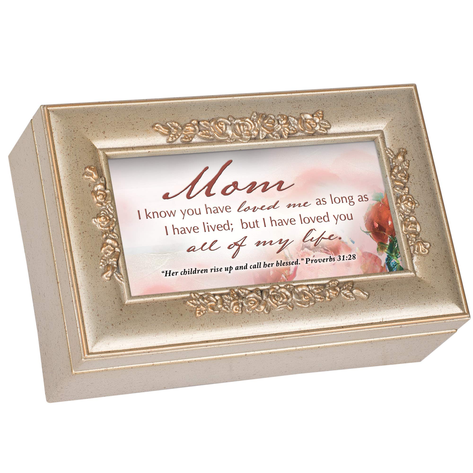 Cottage Garden Mom I Love You Inspirational Champagne Silvertone Bevel Petite Rose Music Box Plays Amazing Grace