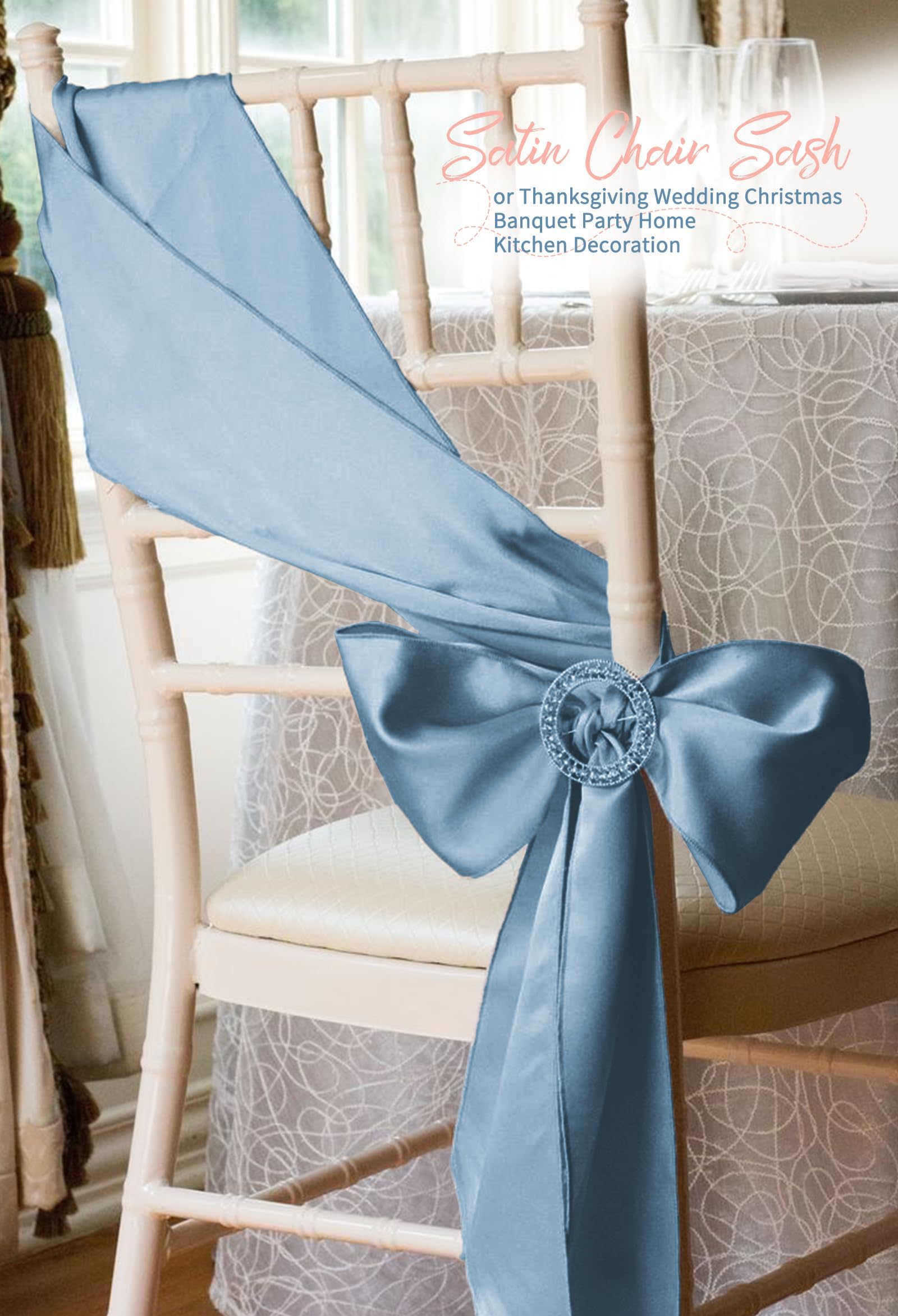 Stuhlschärpen aus Satin, Staubblau, Schleifen, dekorativ, Stuhlhussen, Schärpen für Thanksgiving, Hochzeit, Weihnachten, Bankett, Party, Zuhause, Küche, Dekoration (17,8 x 274,3 cm), 60 Stück