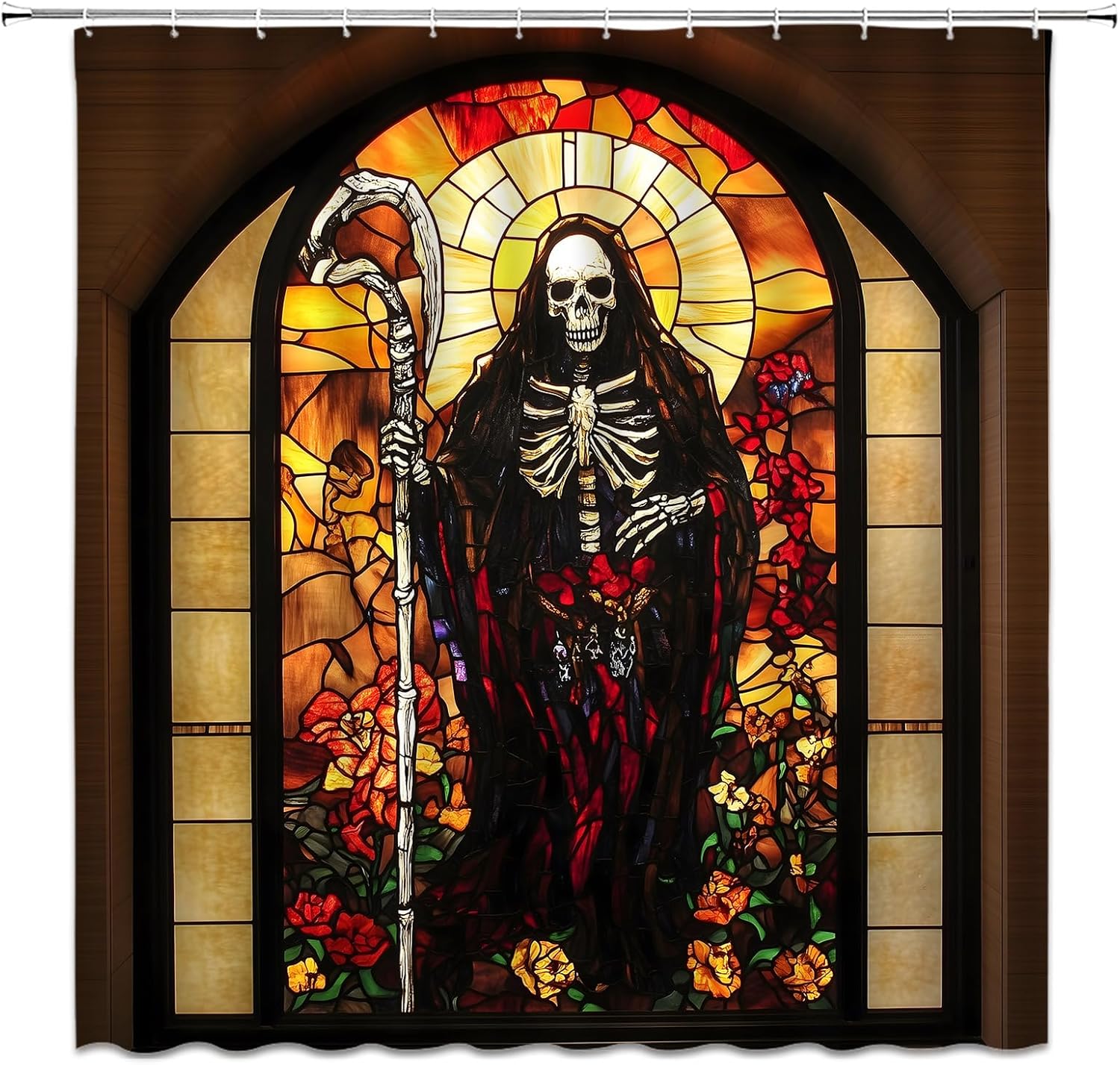 Spooky Halloween Shower Curtain Horror Skull Skeleton Witchcraft Floral Gothic Castle Stained Glass Window Art Home Fabric Bathroom Decor Set Include Hooks,(70" Wx78 H)