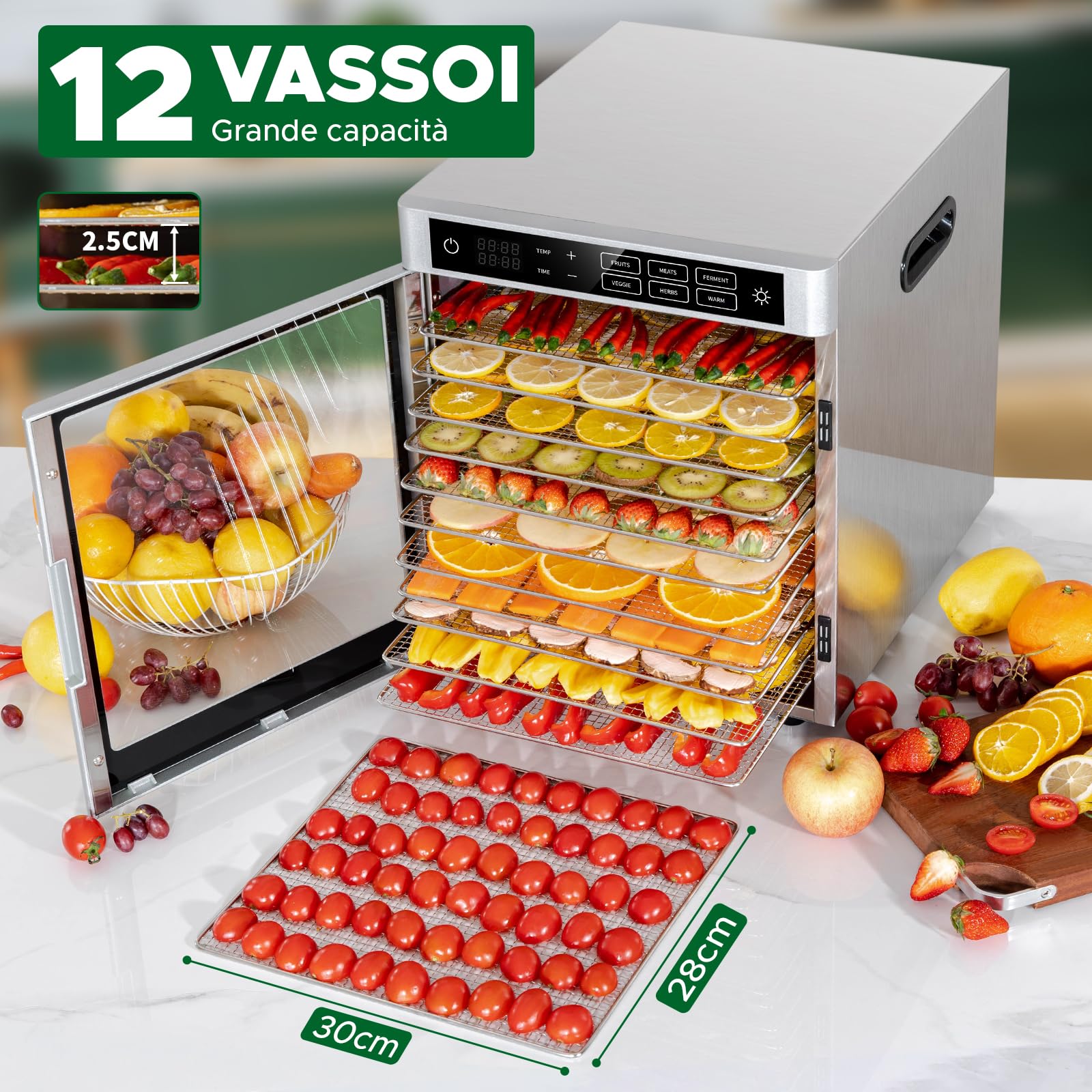 Kwasyo Essiccatore Alimentare professionale in Acciaio Inossidabile 12 Vassoi, 6 Funzioni Preimpostate, Essiccatore 800W, 6 Tappetini in Silicone, 2 Barattoli, 2 Vassoi per Rotoli di Frutta Inclusa