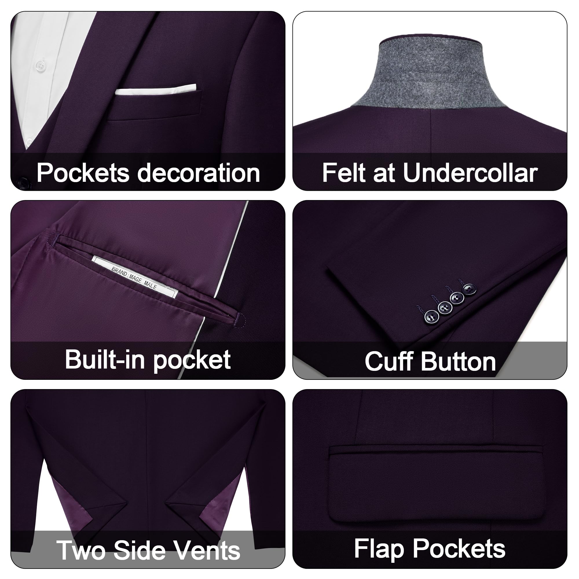 Costume Homme 3 Pièces Slim Fit Revers Cranté Un Bouton Mariage Smoking Formel Business Couleur Unie Confort Elégant Veste, Gilet et Pantalon de Costume