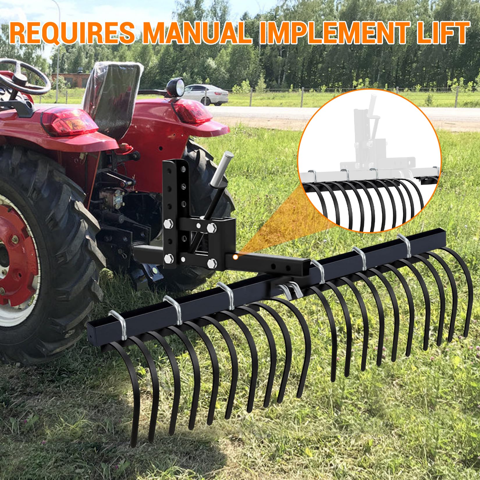 IDEALHOUSE Râteau paysager Robuste pour Tracteur, ATV, UTV – 152 cm, 20 Dents Acier Amovibles – Nivellement Sol, enlèvement Pierres, Gravier, débris – Accessoire agricole Professionnel – Finition