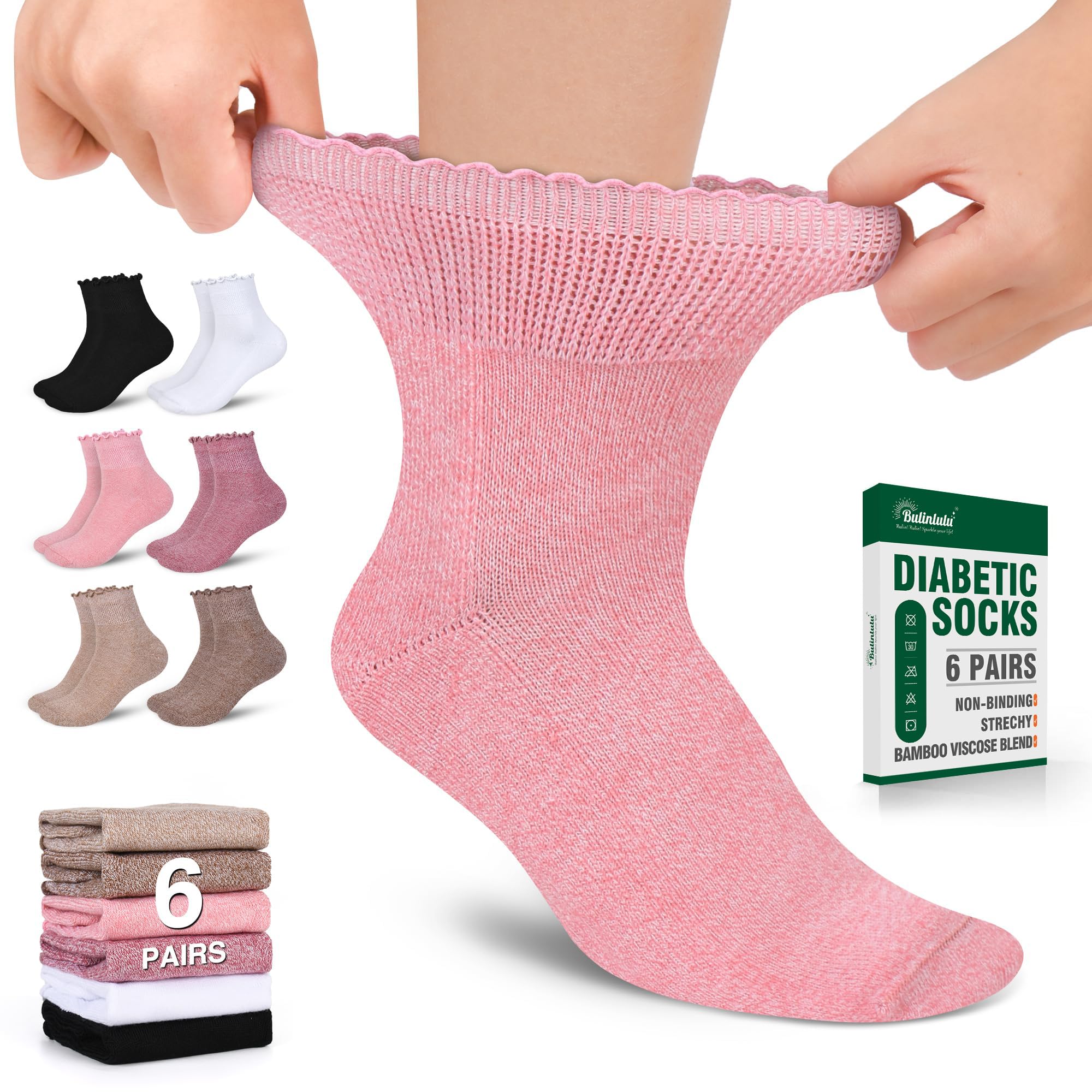 Bulinlulu Womens Diabetic Socks 6 Pairs Non-Binding Neuropathy Socks for Women 6-9 9-11