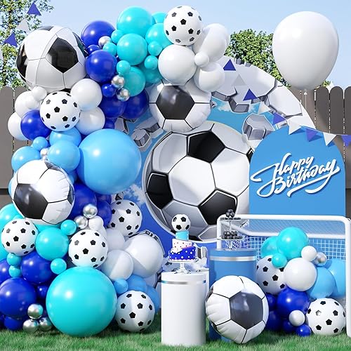 Kit de arco de globos de fútbol, kit de arco de globos de fútbol con globos de papel de aluminio de fútbol 4D, globos de látex azul rey, blanco