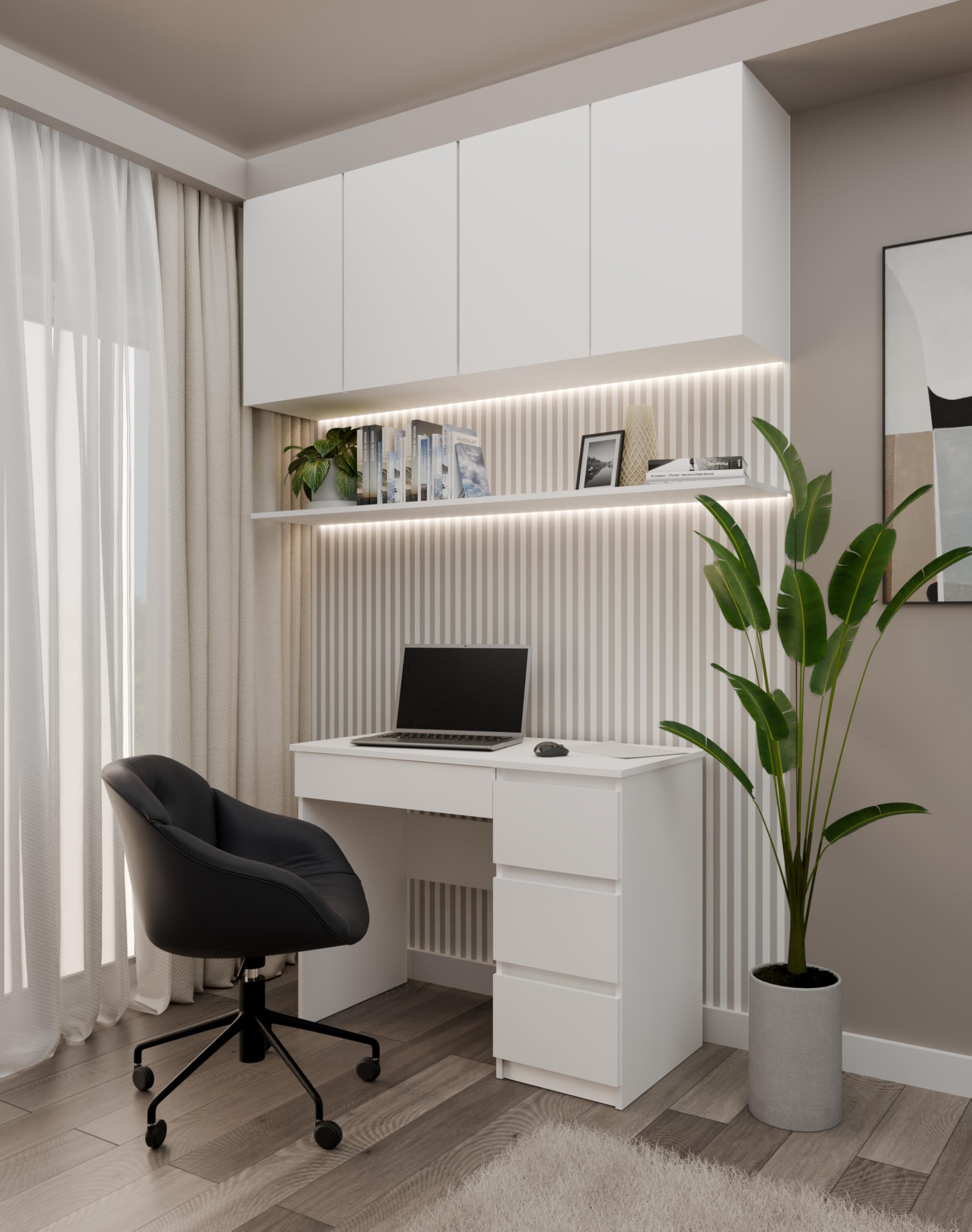 CDF Escritorio 4 Cajones Mesa de Ordenador Oficina Casa Despacho Decoración Diseño Versátil Estudio para Computadora Laptop Portátil Gaming Documentos para Trabajo Juvenil Adulto – Blanco Mate