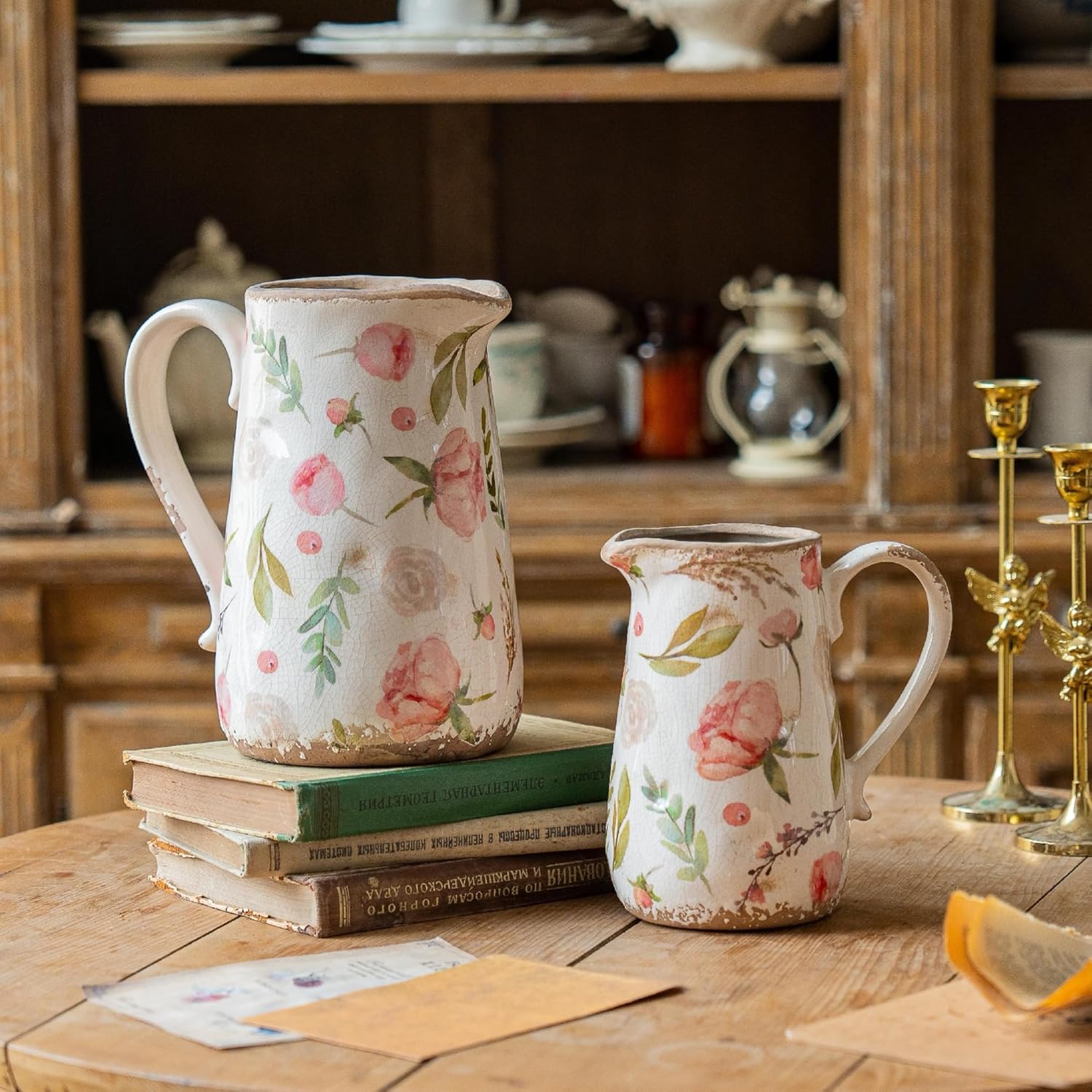 Vintage Fruit and Floral Ceramic Vase with Handle, Retro Ice Glazed Crack Farmhouse Pitcher Vase for Home Decor, Living Room, Shelf, Office, Rustic Table Centerpiece 7 Inch - Image 3