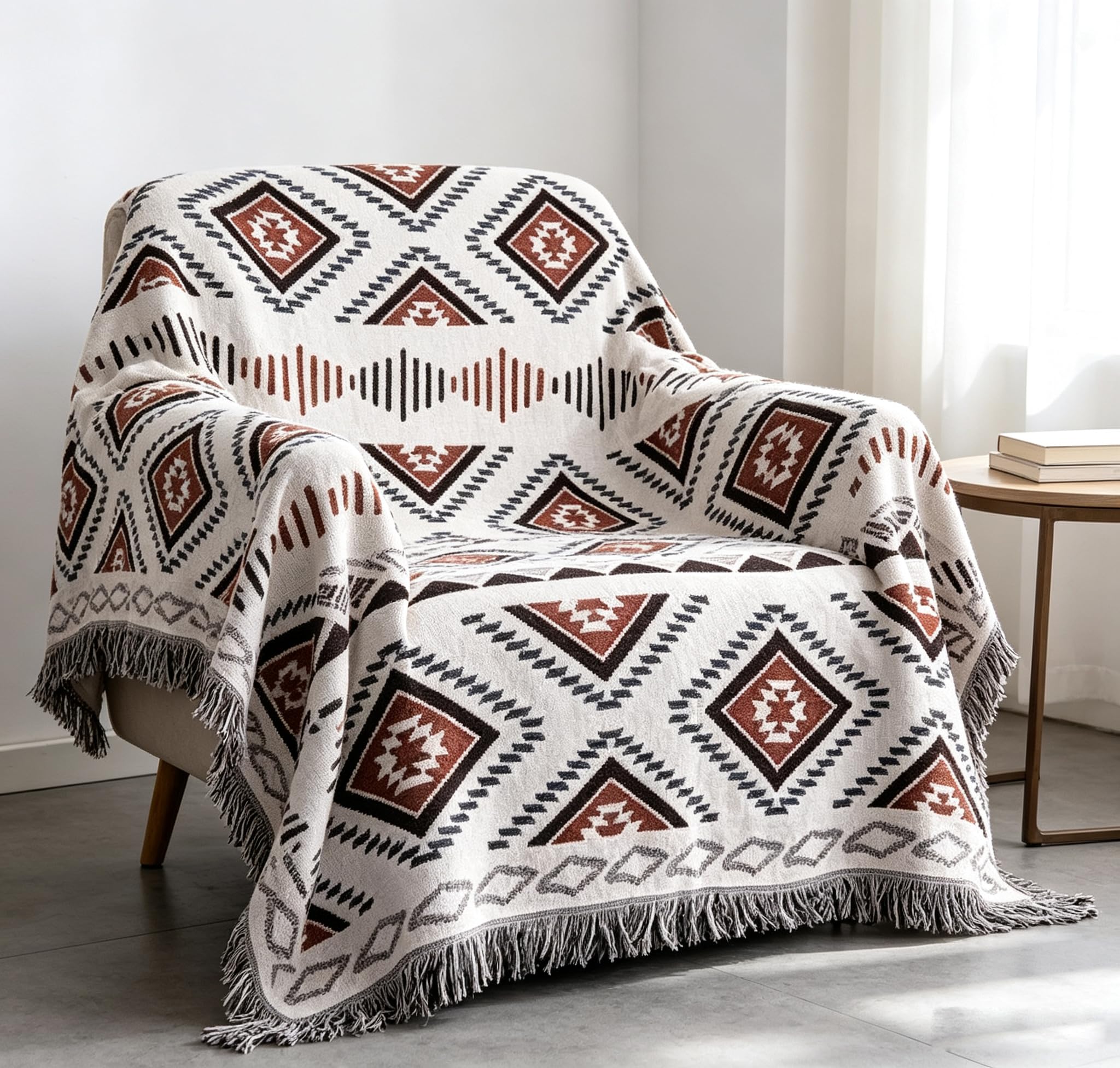 Luxlovery Azteckie koce narzutowe, beżowy, plemienny, boho, geometryczny, biały, khaki, na kanapę, łóżko, ponadwymiarowy pokrowiec na sofę z frędzlami, 160 cm x 218 cm