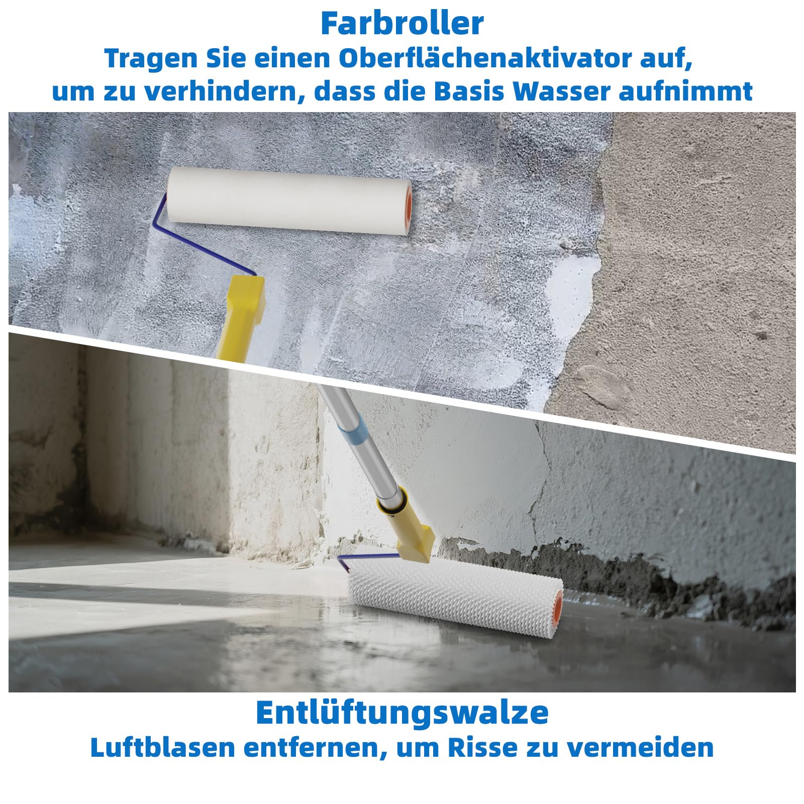 VKE Entlüftungswalze Set für Ausgleichsmasse - Stachellänge 14 mm, Profi Stachelwalze Ausgleichsmasse, 1 Nagelrolle 23 cm, 2 Farbrolle 23cm, Teleskopstange 1,5 m, Nagelschuhe 30 mm-Nur 1 Griff