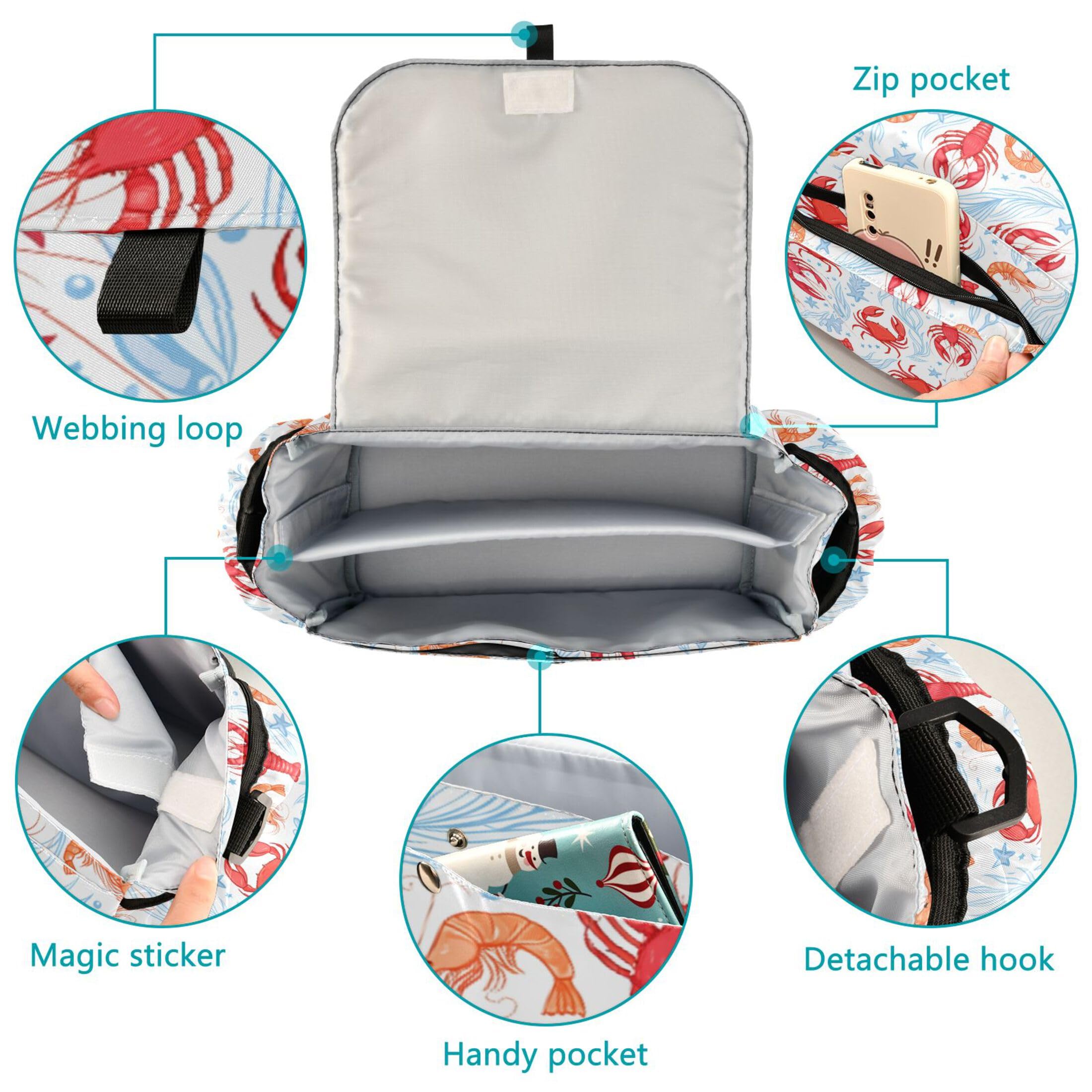 Burbuja Red Crabs Shrimps Stroller Organizer with Insulated Cup Holders, Non-Slip Stroller Caddy Universal Fits Most Strollers, Nursery Accessories