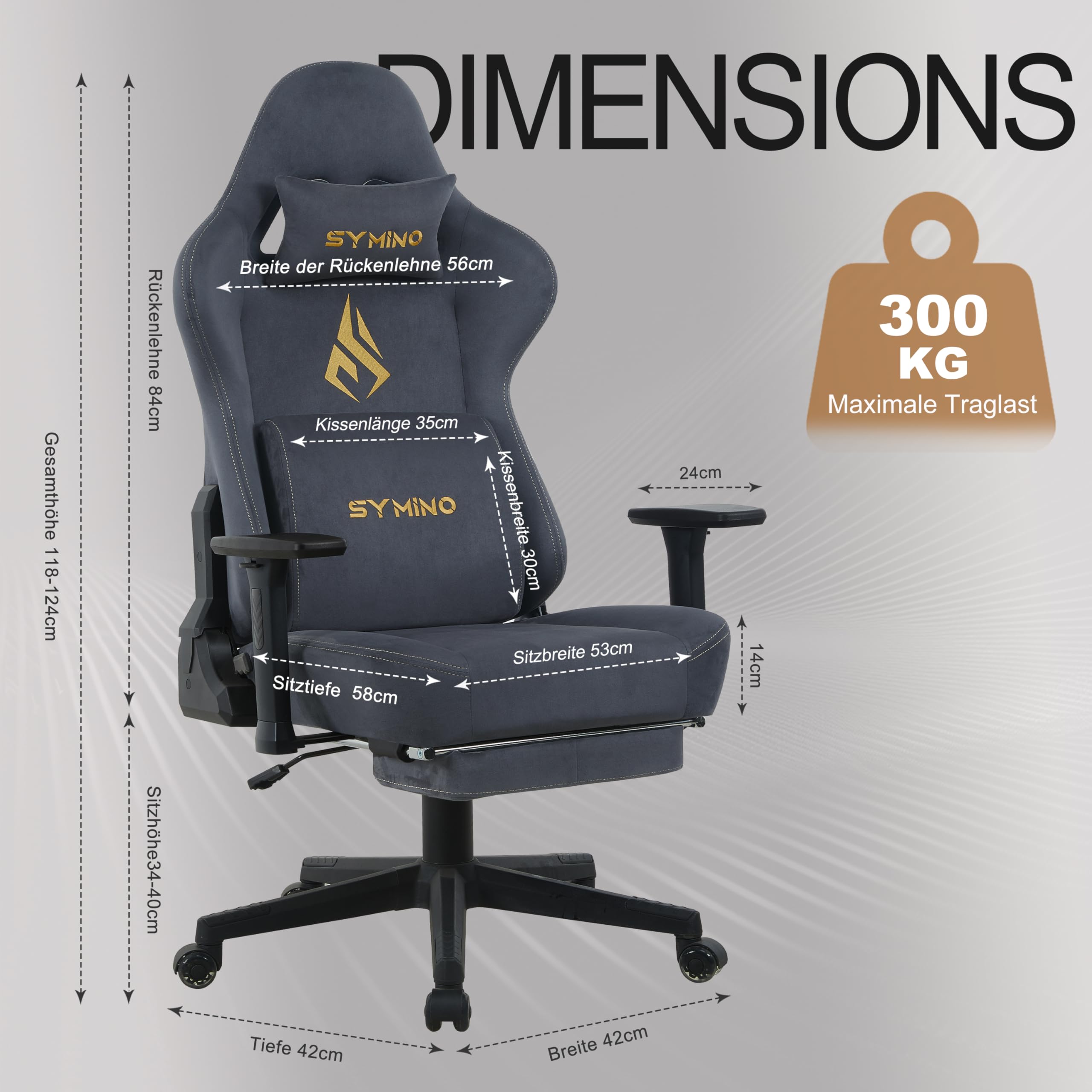Symino Chaise Gamer XL, Siège Large Mousse+Latex, Support Lombaire & Tête, Inclinaison 175°, 300kg, Roues Silencieuses Incluses (Faux Daim, Gris)