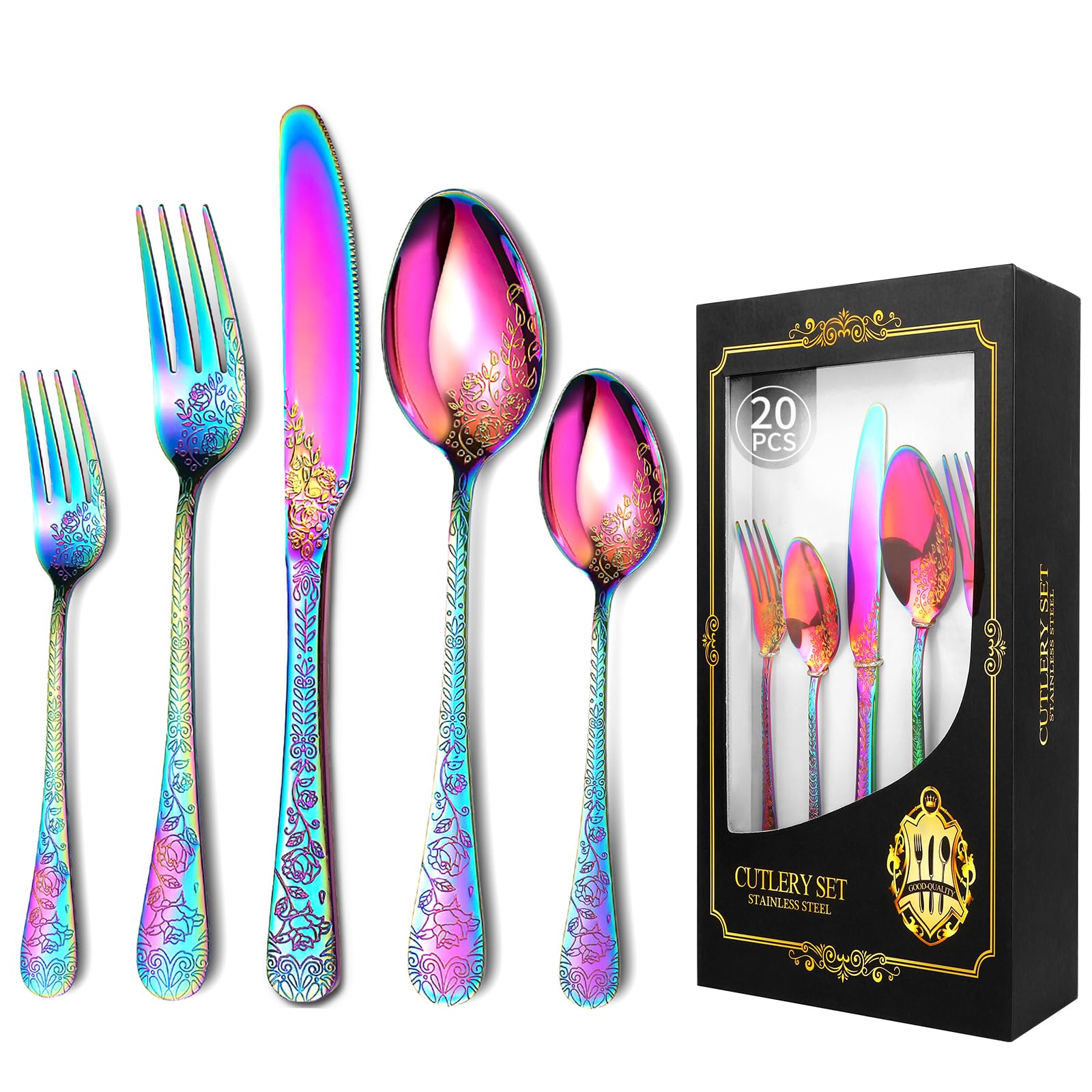 ITEFDTUTNE 20 Pcs Stainless Steel Carved Silverware Set Rainbow Steak Knives, Cutlery Flatware Set for 4, Rose Flower Embossed Design, Forks Spoons, Dishwasher Safe, Mirror Polished