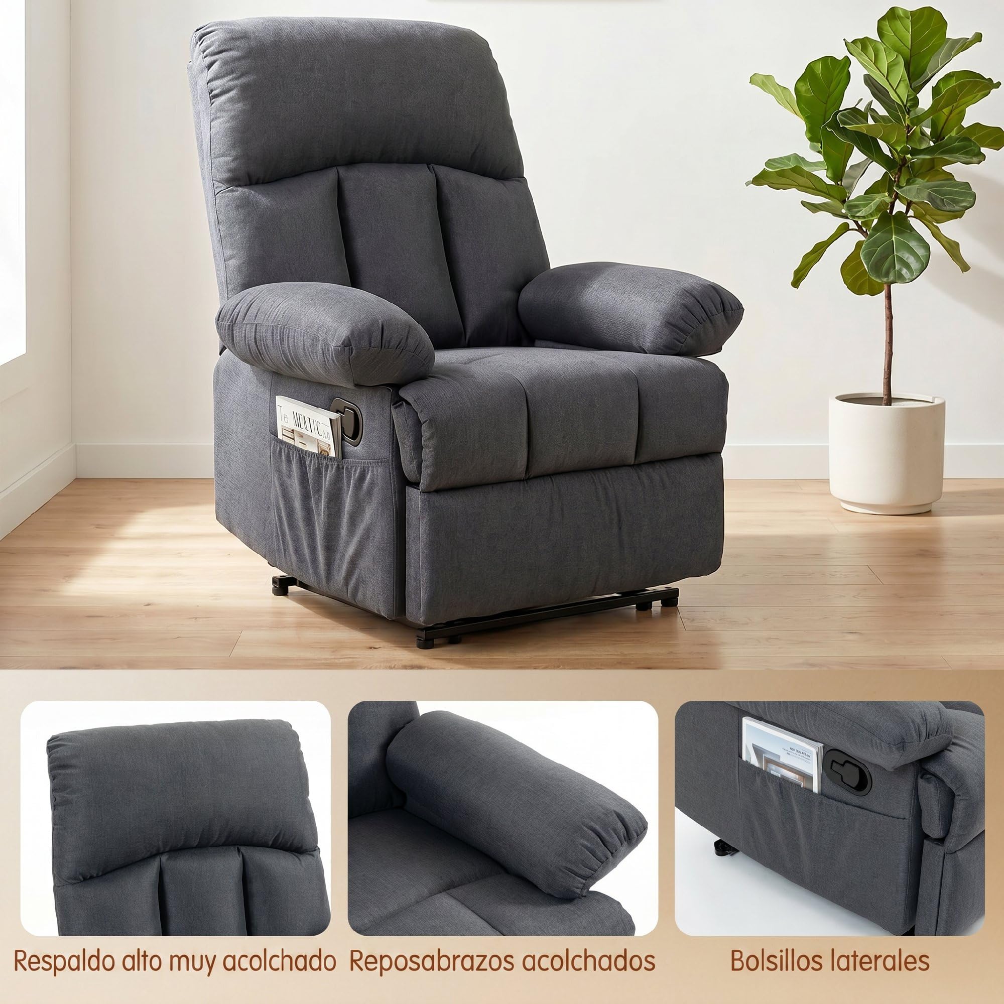 HOMCOM Sillón de Masaje Reclinable 8 Puntos Calefacción Lumbar Gris Oscuro | Sillón Relax, Mando a Distancia, Asiento con Muelles, Bolsillos Laterales, Tejido Efecto Lino