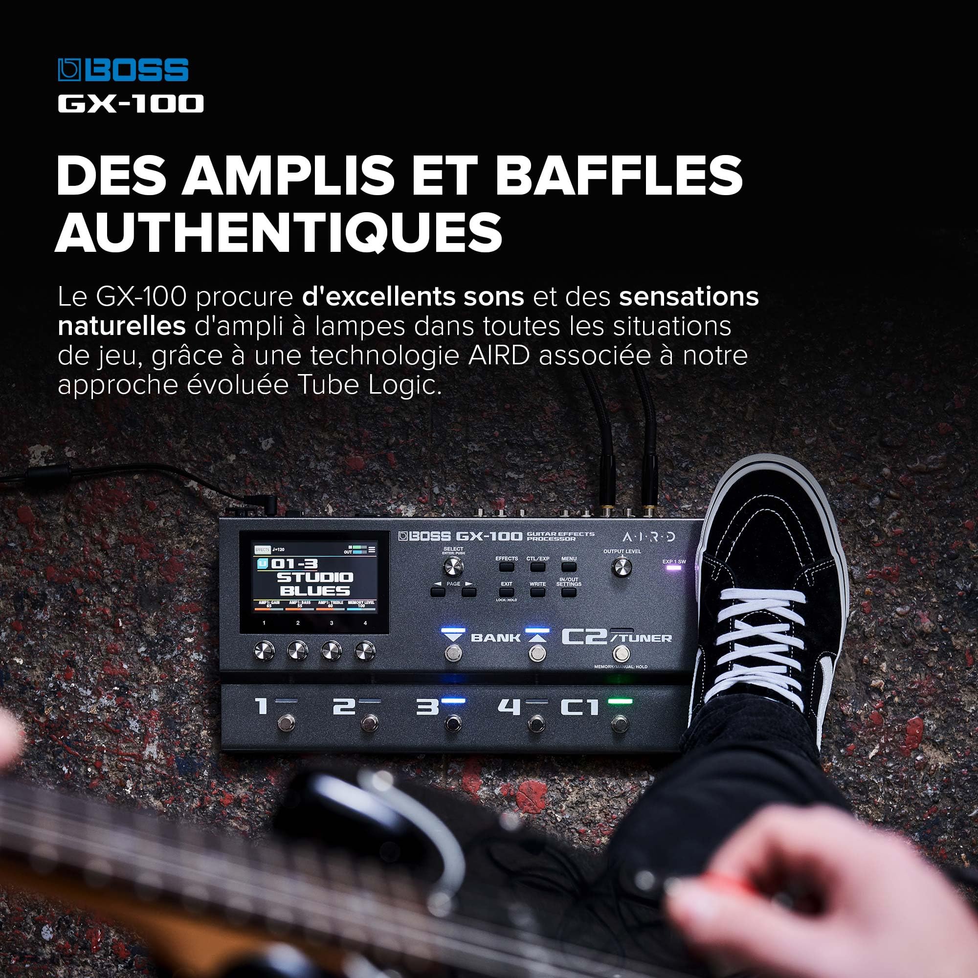 BOSS GX-100 | Processeur d'effets évolué pour guitare | Sons authentiques d'amplis à lampes grâce à la technologie AIRD | 32 types d'ampli et plus de 170 effets BOSS