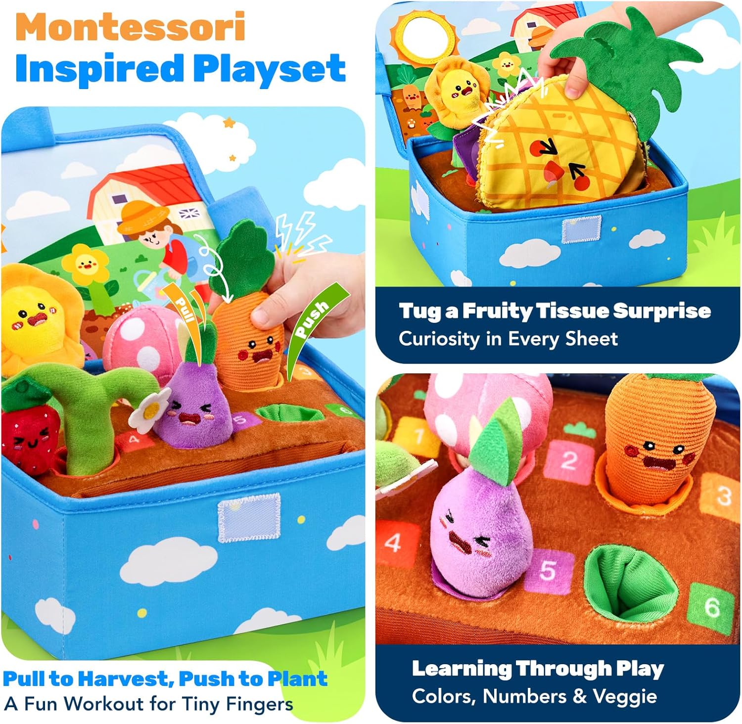 Esjay Montessori Sensory Garden Plush Set and Busy Board, Developmental Learning Toys with Rattle Squeaker Mirror Texture Tissue, Fairy Horse